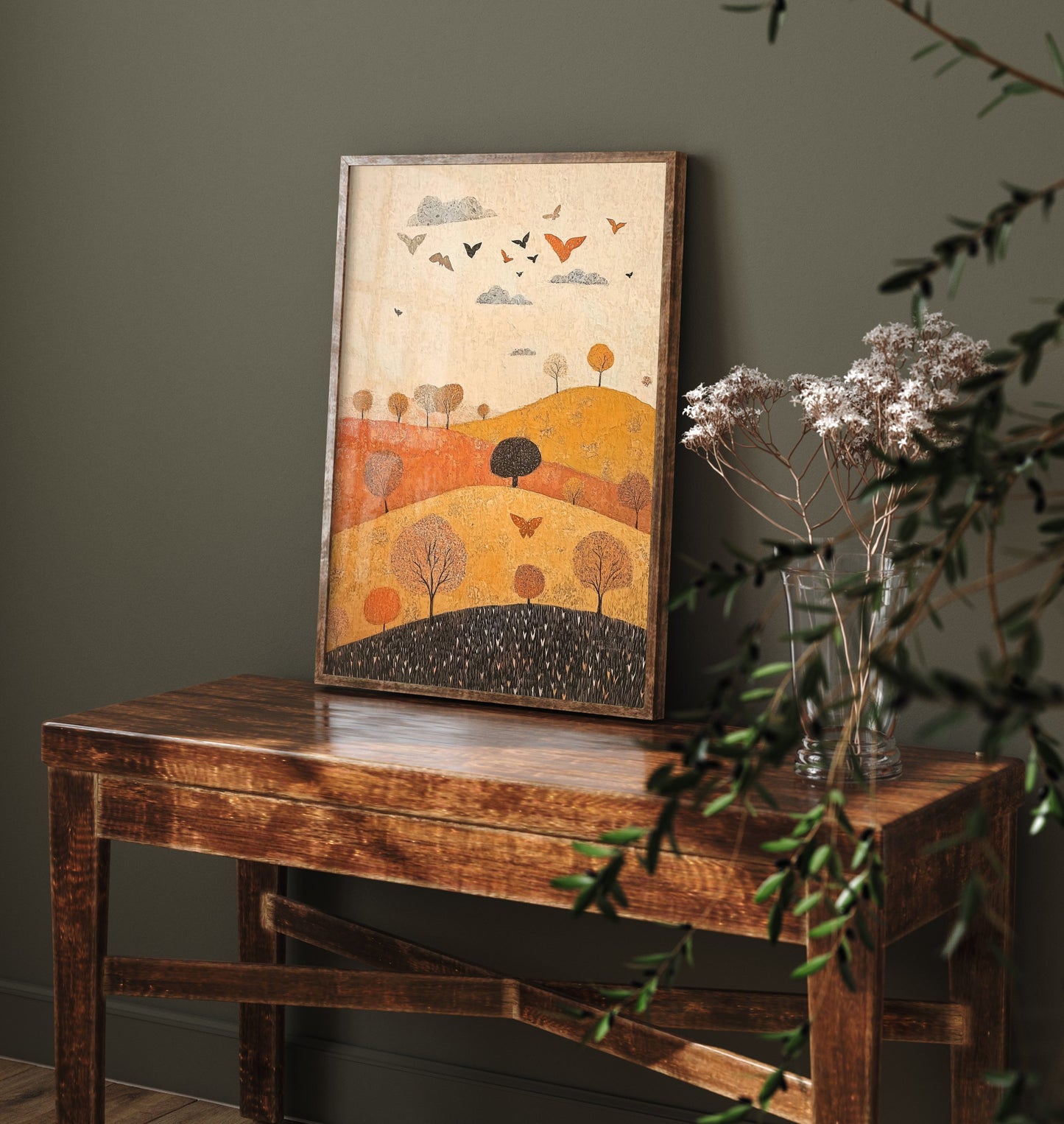 Rolling Hills Landscape Art Print - Butterfly Meadow Poster - Folk Art Painting - Papaya Graphite and Champagne 3/3