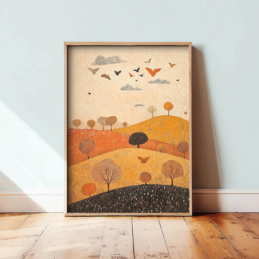 Rolling Hills Landscape Art Print - Butterfly Meadow Poster - Folk Art Painting - Papaya Graphite and Champagne 3/3