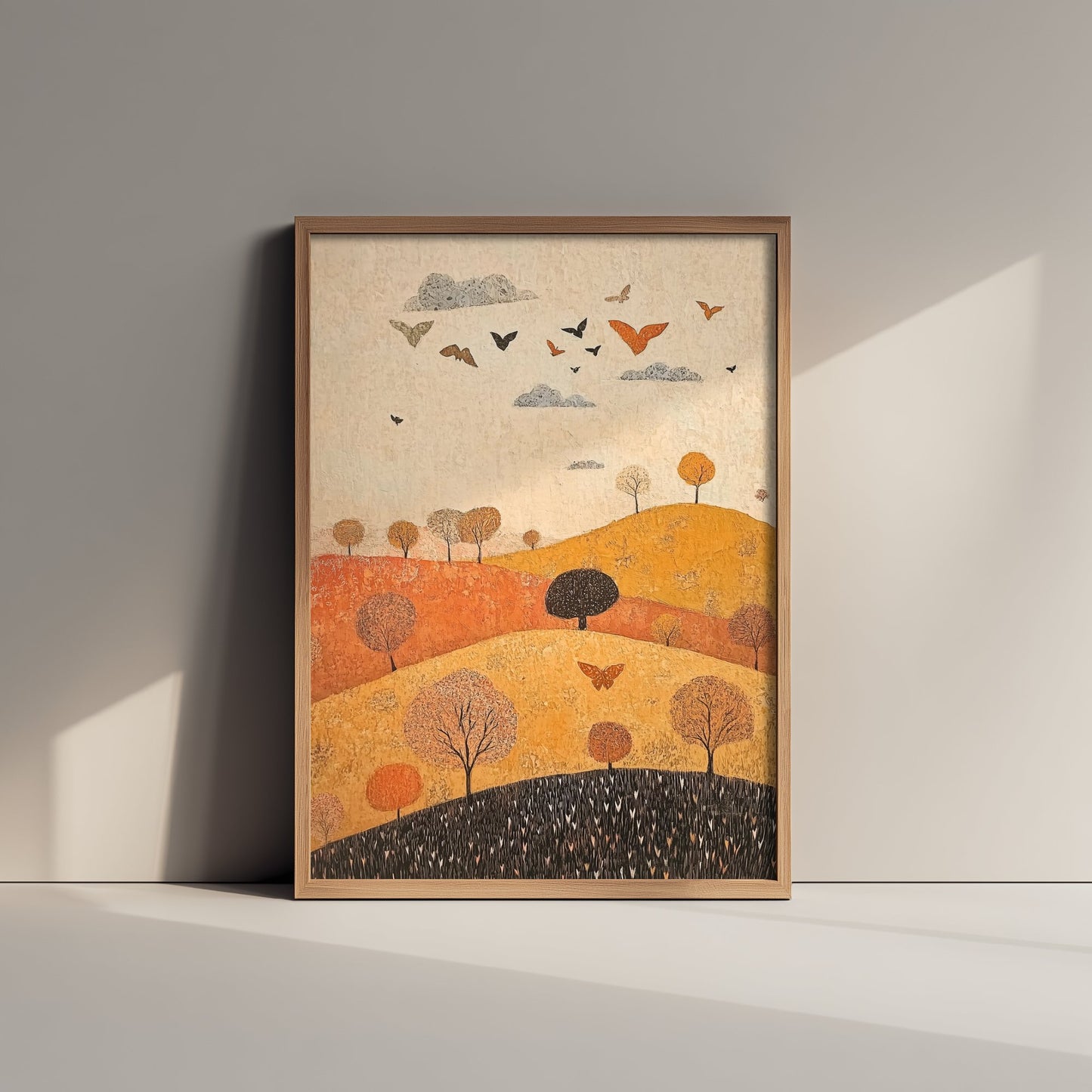 Rolling Hills Landscape Art Print - Butterfly Meadow Poster - Folk Art Painting - Papaya Graphite and Champagne 3/3