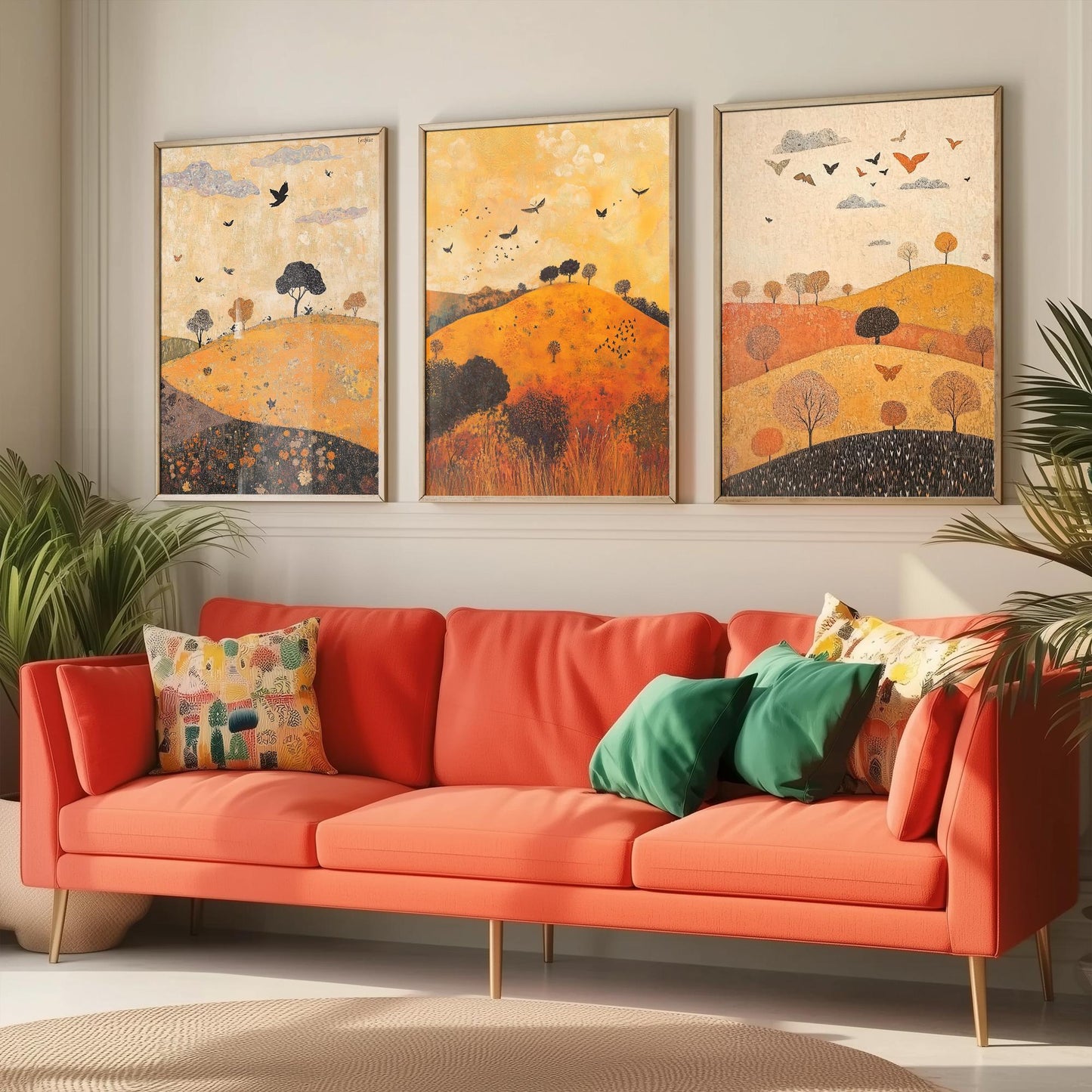 Rolling Hills Butterfly Set of Three Art Prints - Papaya Graphite and Champagne - Folk Meadow Poster Illustration Gift