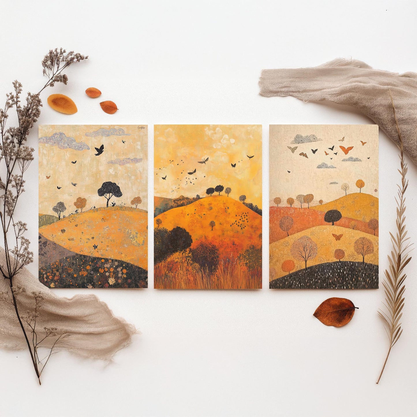 Rolling Hills Butterfly Set of Three Art Prints - Papaya Graphite and Champagne - Folk Meadow Poster Illustration Gift
