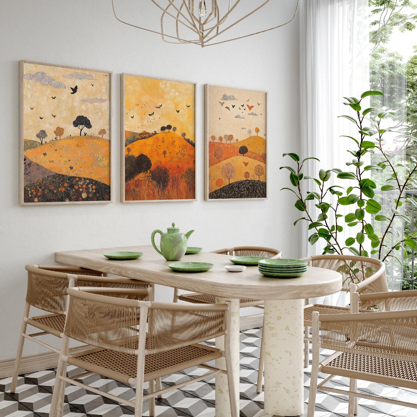 Rolling Hills Butterfly Set of Three Art Prints - Papaya Graphite and Champagne - Folk Meadow Poster Illustration Gift