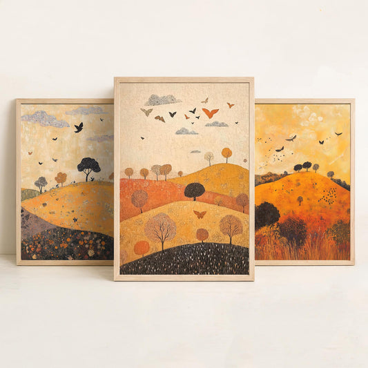 Rolling Hills Butterfly Set of Three Art Prints - Papaya Graphite and Champagne - Folk Meadow Poster Illustration Gift