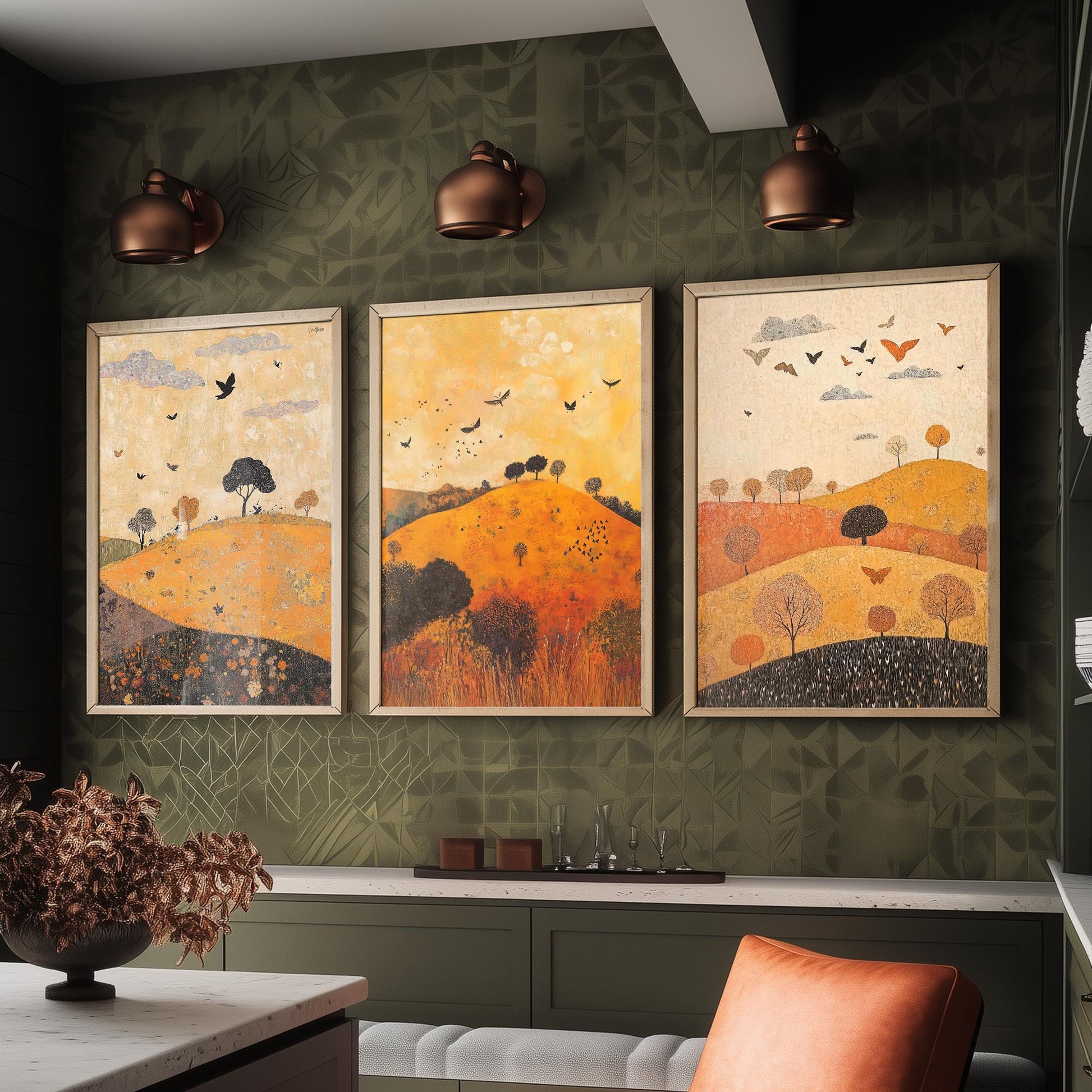 Rolling Hills Butterfly Set of Three Art Prints - Papaya Graphite and Champagne - Folk Meadow Poster Illustration Gift