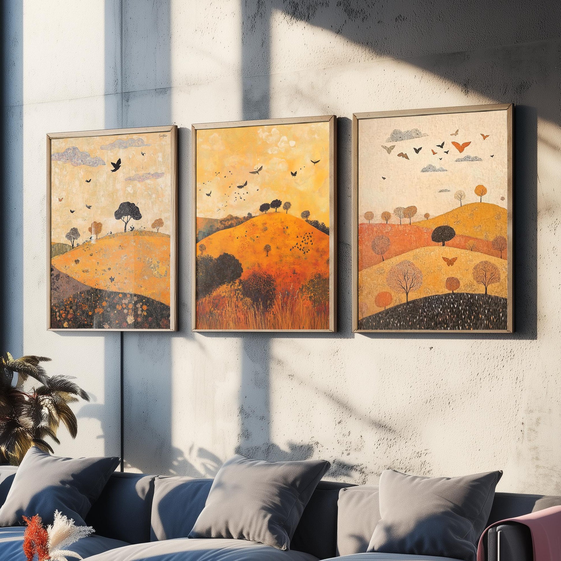 Rolling Hills Butterfly Set of Three Art Prints - Papaya Graphite and Champagne - Folk Meadow Poster Illustration Gift