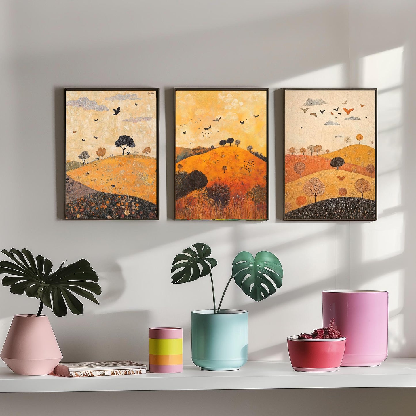 Rolling Hills Butterfly Set of Three Art Prints - Papaya Graphite and Champagne - Folk Meadow Poster Illustration Gift