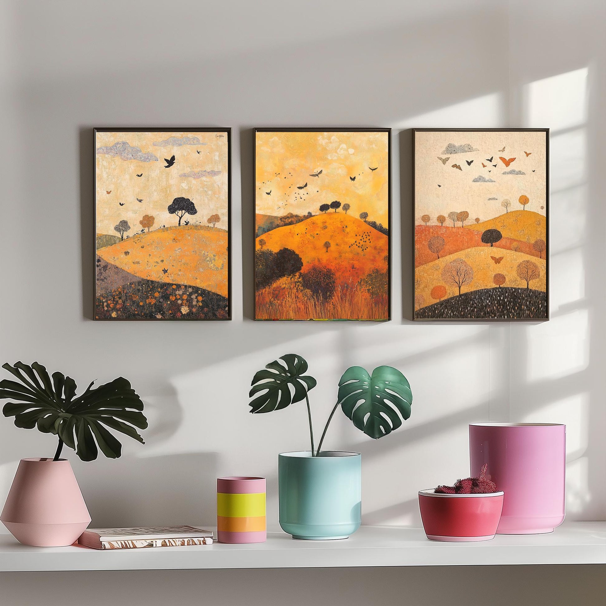 Rolling Hills Butterfly Set of Three Art Prints - Papaya Graphite and Champagne - Folk Meadow Poster Illustration Gift