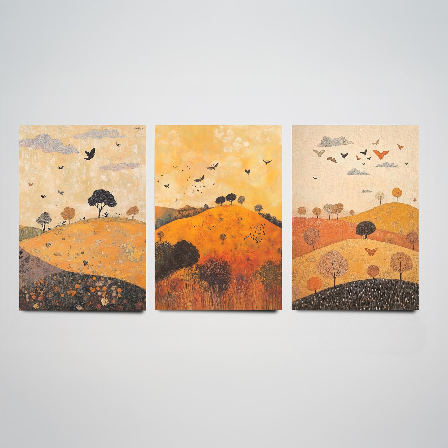 Rolling Hills Butterfly Set of Three Art Prints - Papaya Graphite and Champagne - Folk Meadow Poster Illustration Gift