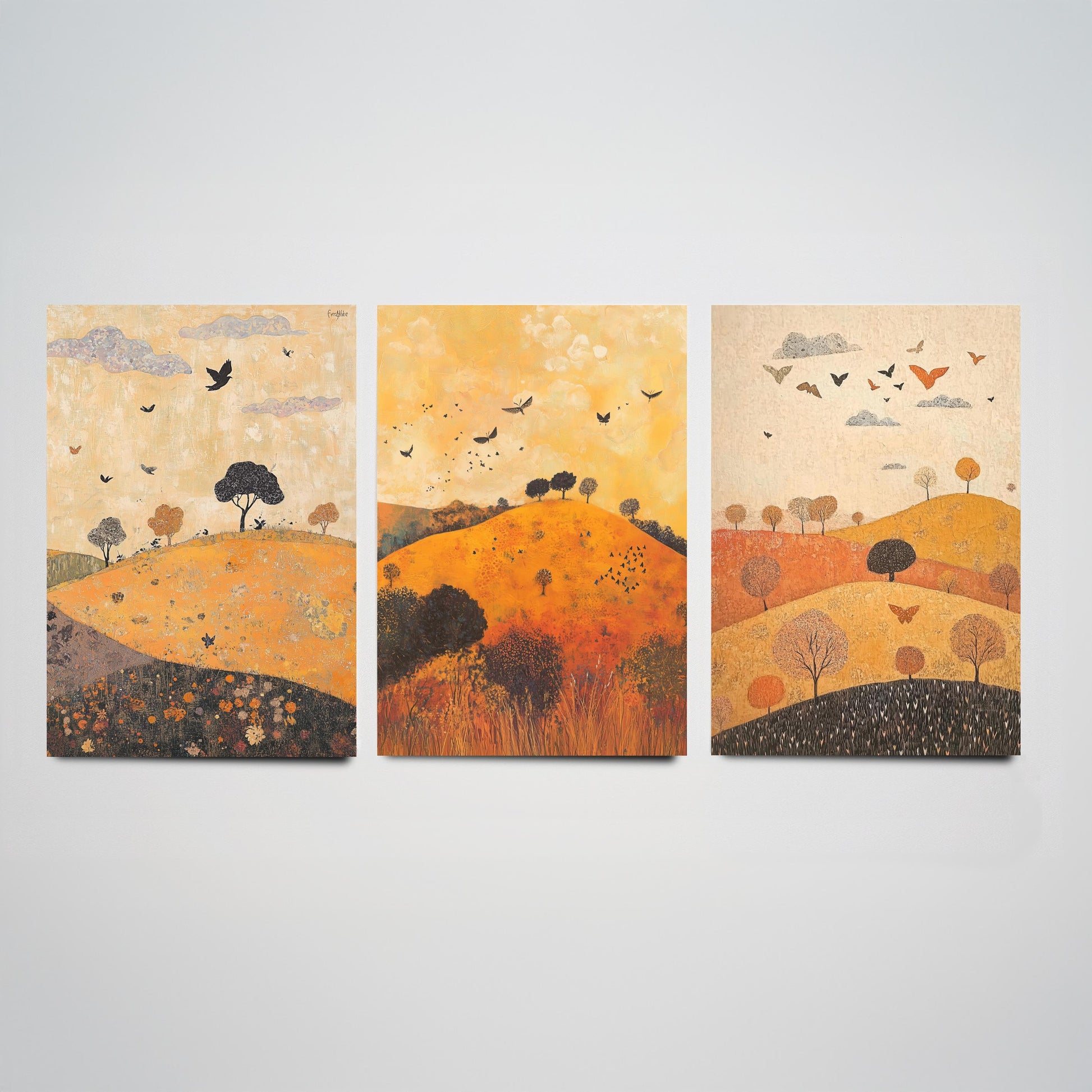 Rolling Hills Butterfly Set of Three Art Prints - Papaya Graphite and Champagne - Folk Meadow Poster Illustration Gift