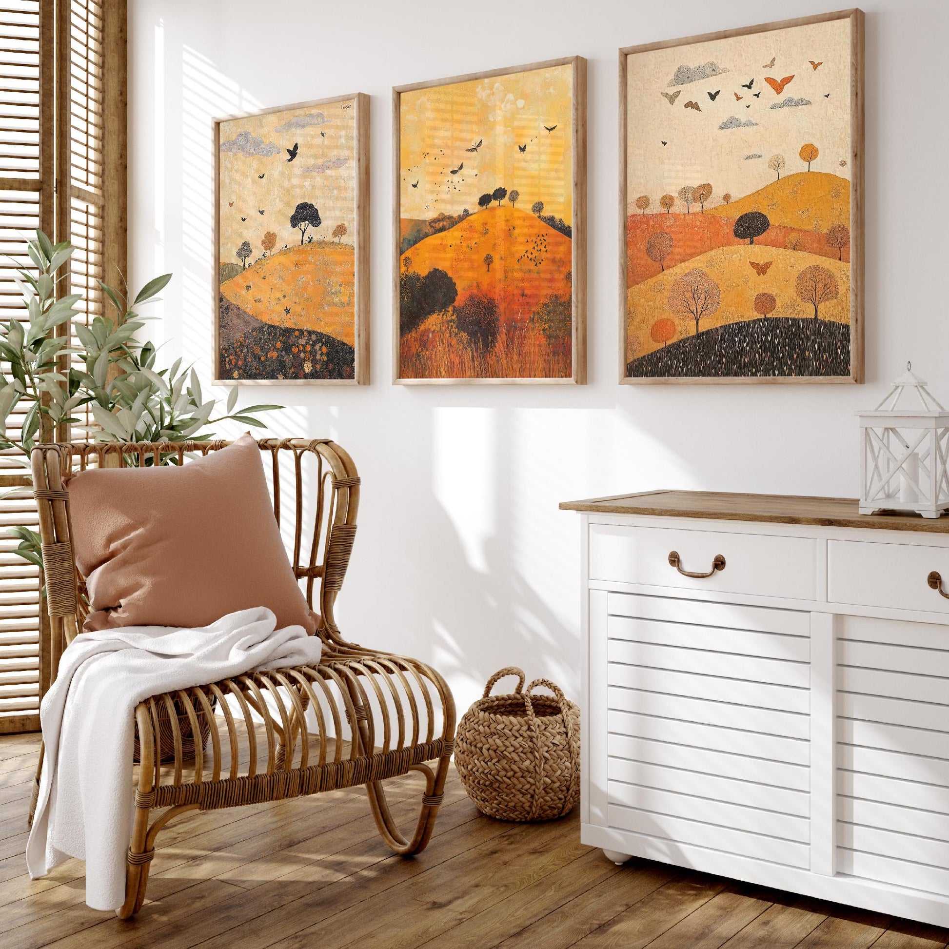 Rolling Hills Butterfly Set of Three Art Prints - Papaya Graphite and Champagne - Folk Meadow Poster Illustration Gift