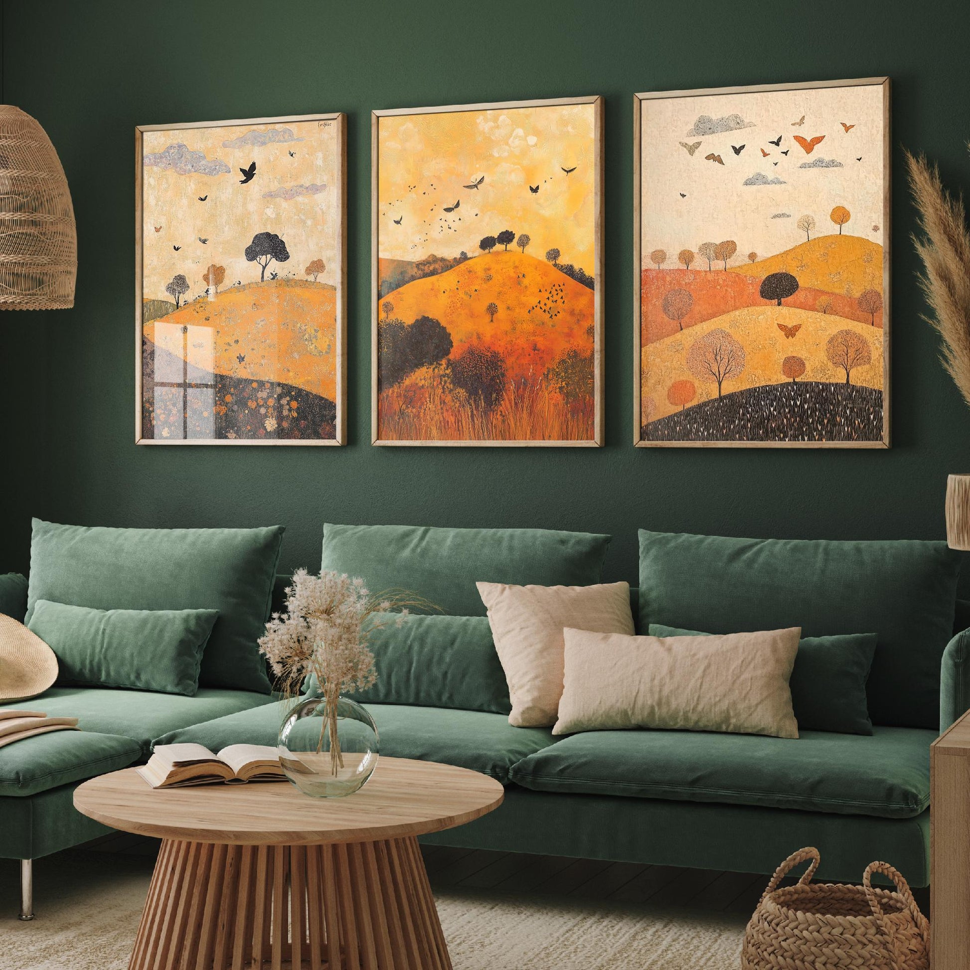 Rolling Hills Butterfly Set of Three Art Prints - Papaya Graphite and Champagne - Folk Meadow Poster Illustration Gift