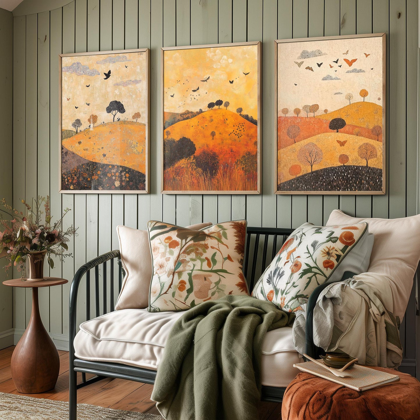 Rolling Hills Butterfly Set of Three Art Prints - Papaya Graphite and Champagne - Folk Meadow Poster Illustration Gift