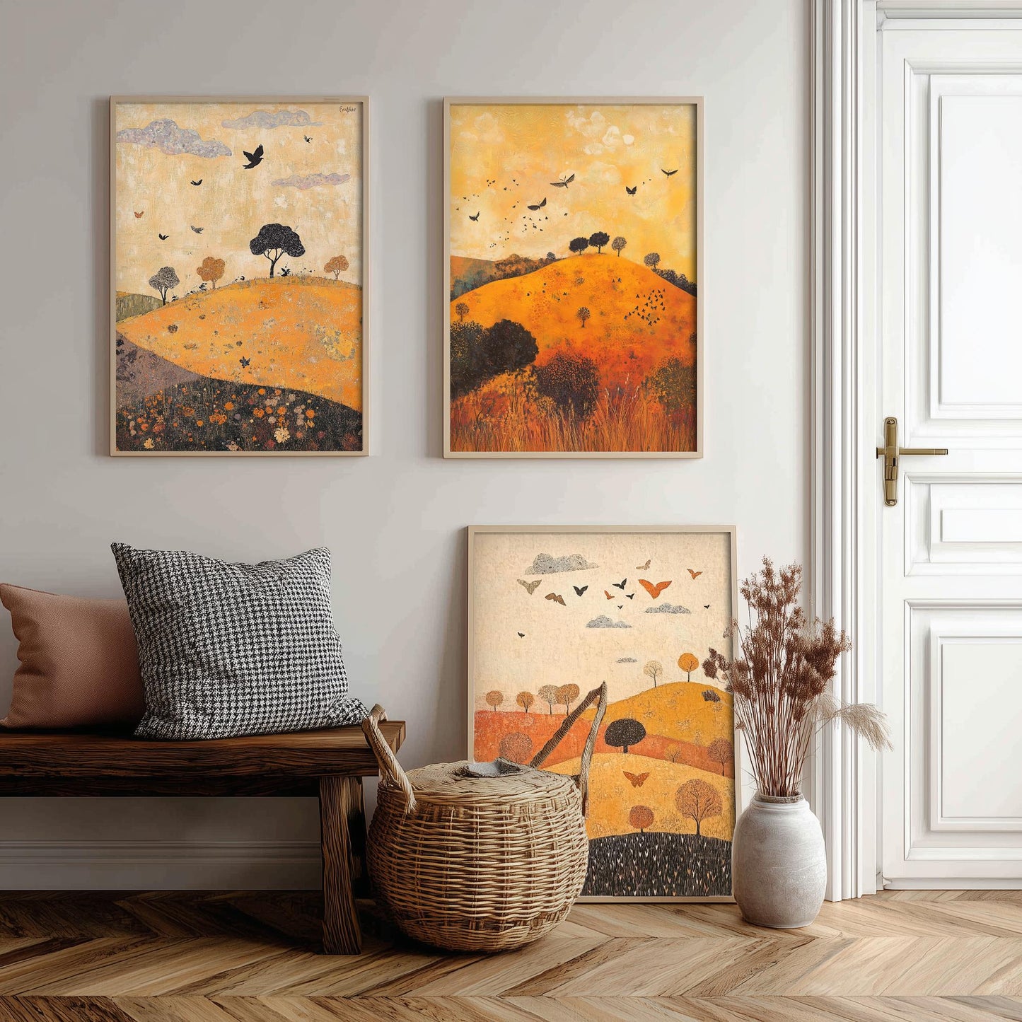 Rolling Hills Butterfly Set of Three Art Prints - Papaya Graphite and Champagne - Folk Meadow Poster Illustration Gift