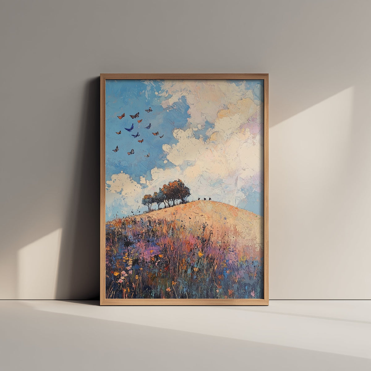 Rolling Hills Landscape Art Print - Butterfly Meadow Poster - Folk Art Painting - Periwinkle Copper and Ice 1/3