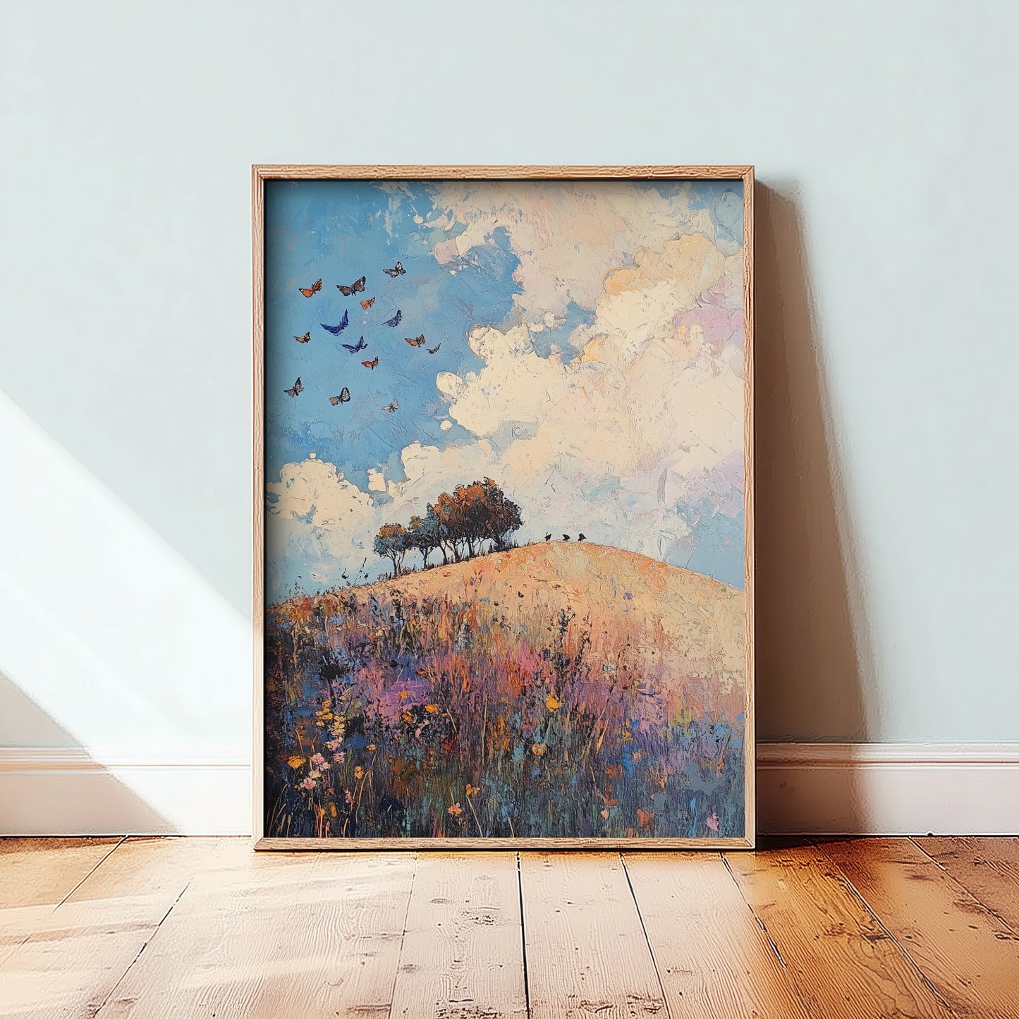 Rolling Hills Landscape Art Print - Butterfly Meadow Poster - Folk Art Painting - Periwinkle Copper and Ice 1/3