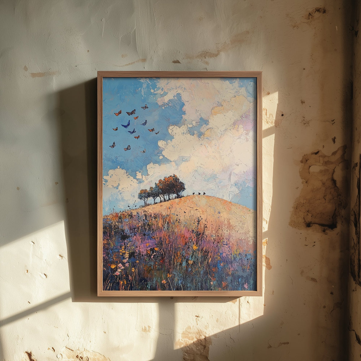 Rolling Hills Landscape Art Print - Butterfly Meadow Poster - Folk Art Painting - Periwinkle Copper and Ice 1/3