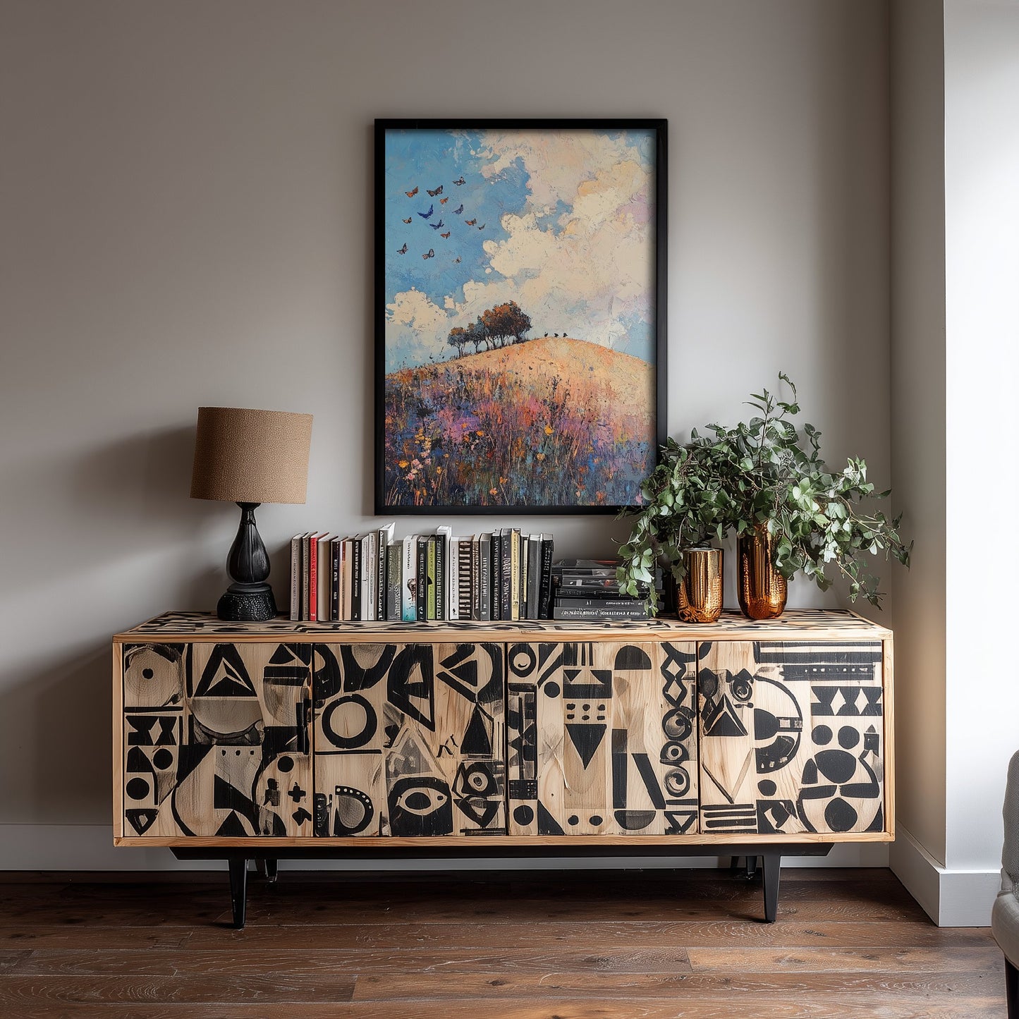 Rolling Hills Landscape Art Print - Butterfly Meadow Poster - Folk Art Painting - Periwinkle Copper and Ice 1/3