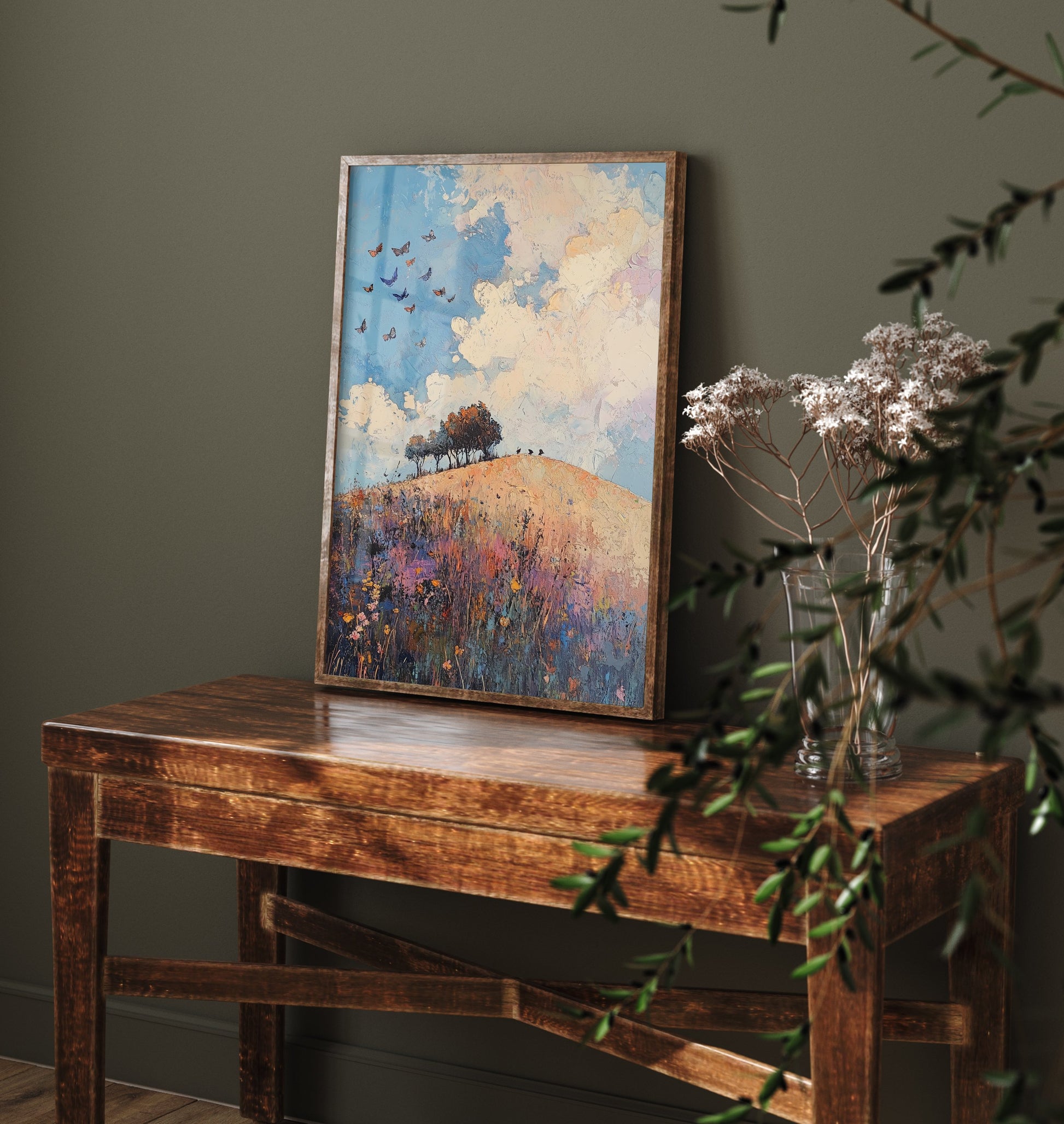 Rolling Hills Landscape Art Print - Butterfly Meadow Poster - Folk Art Painting - Periwinkle Copper and Ice 1/3