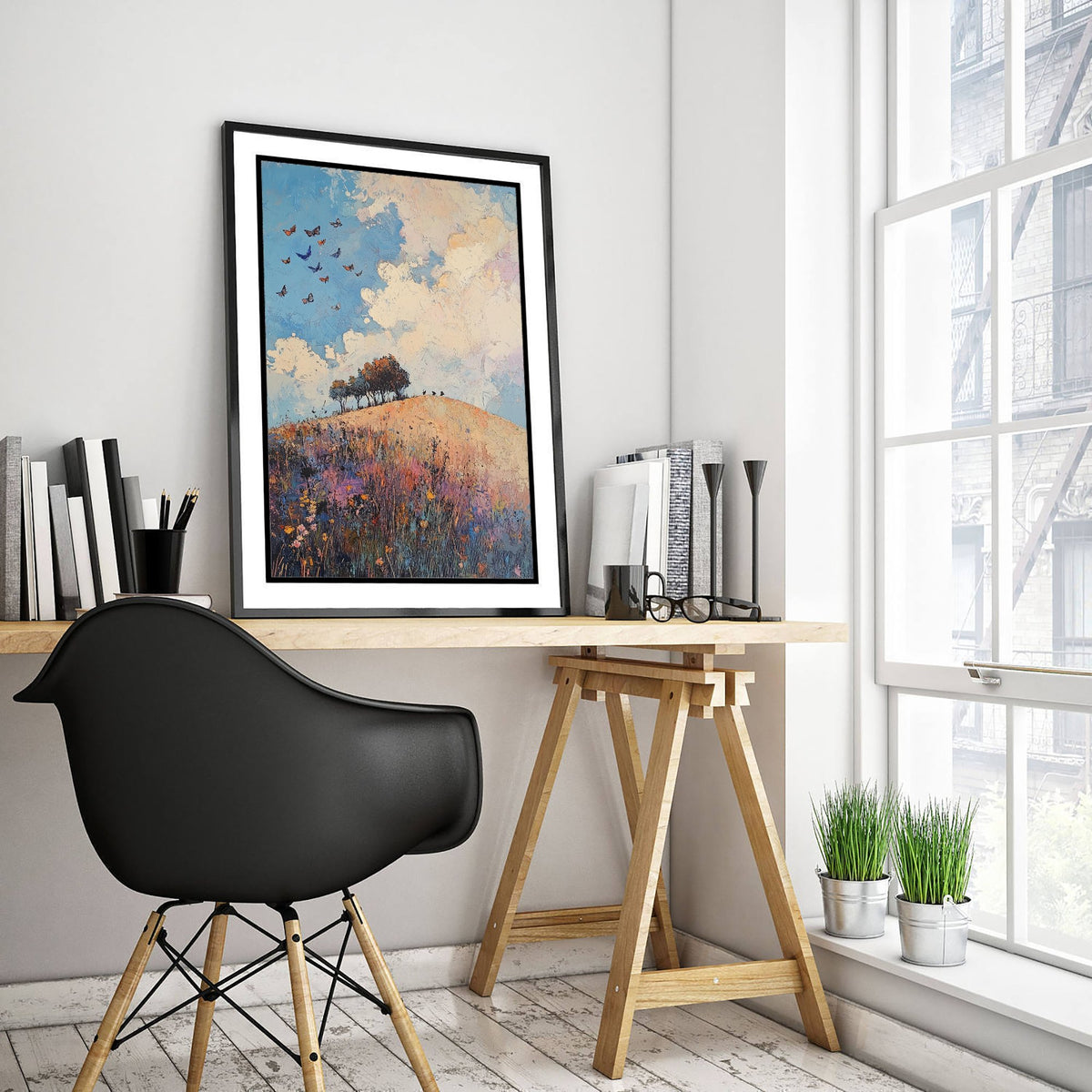 Rolling Hills Landscape Art Print - Butterfly Meadow Poster - Folk Art Painting - Periwinkle Copper and Ice 1/3