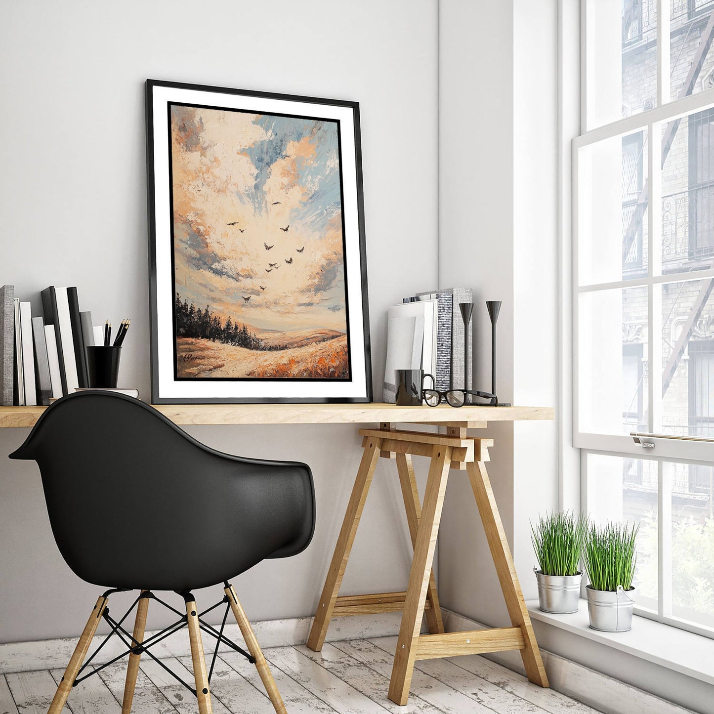 Rolling Hills Landscape Art Print - Butterfly Meadow Poster - Folk Art Painting - Periwinkle Copper and Ice 2/3