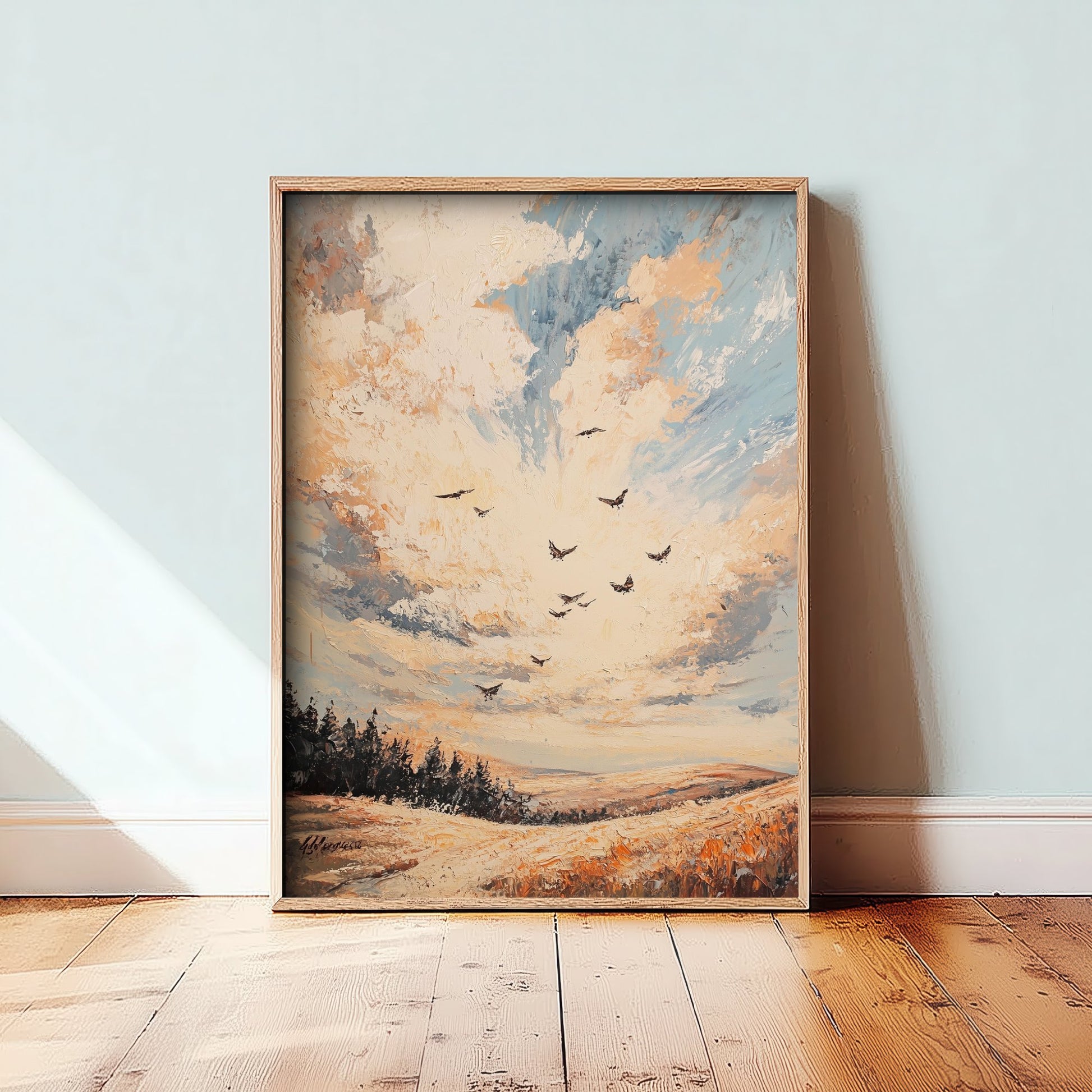 Rolling Hills Landscape Art Print - Butterfly Meadow Poster - Folk Art Painting - Periwinkle Copper and Ice 2/3