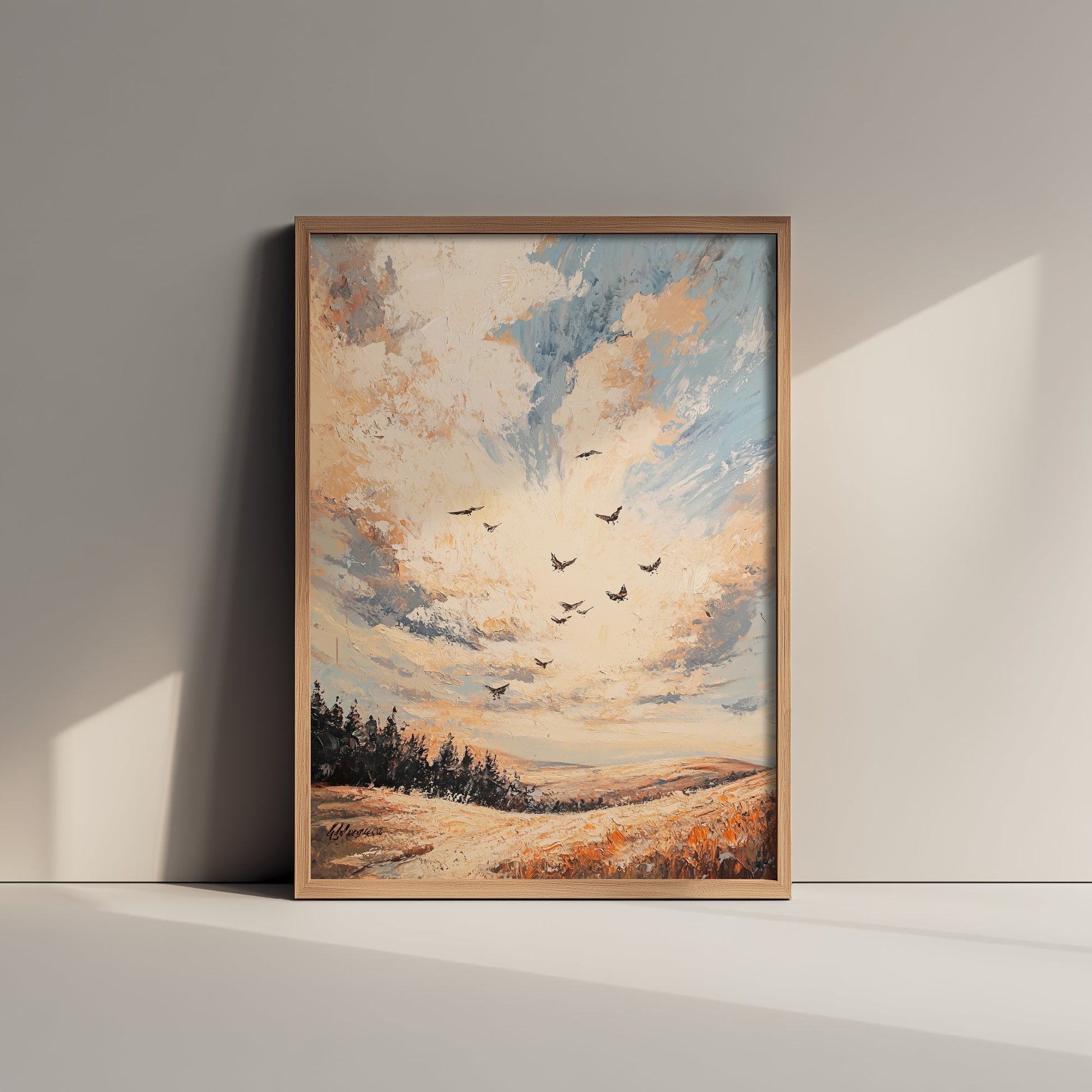 Rolling Hills Landscape Art Print - Butterfly Meadow Poster - Folk Art Painting - Periwinkle Copper and Ice 2/3