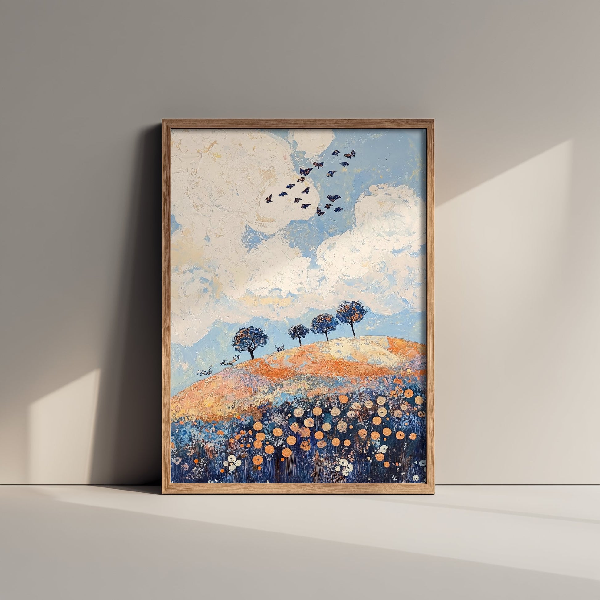 Rolling Hills Landscape Art Print - Butterfly Meadow Poster - Folk Art Painting - Periwinkle Copper and Ice 3/3