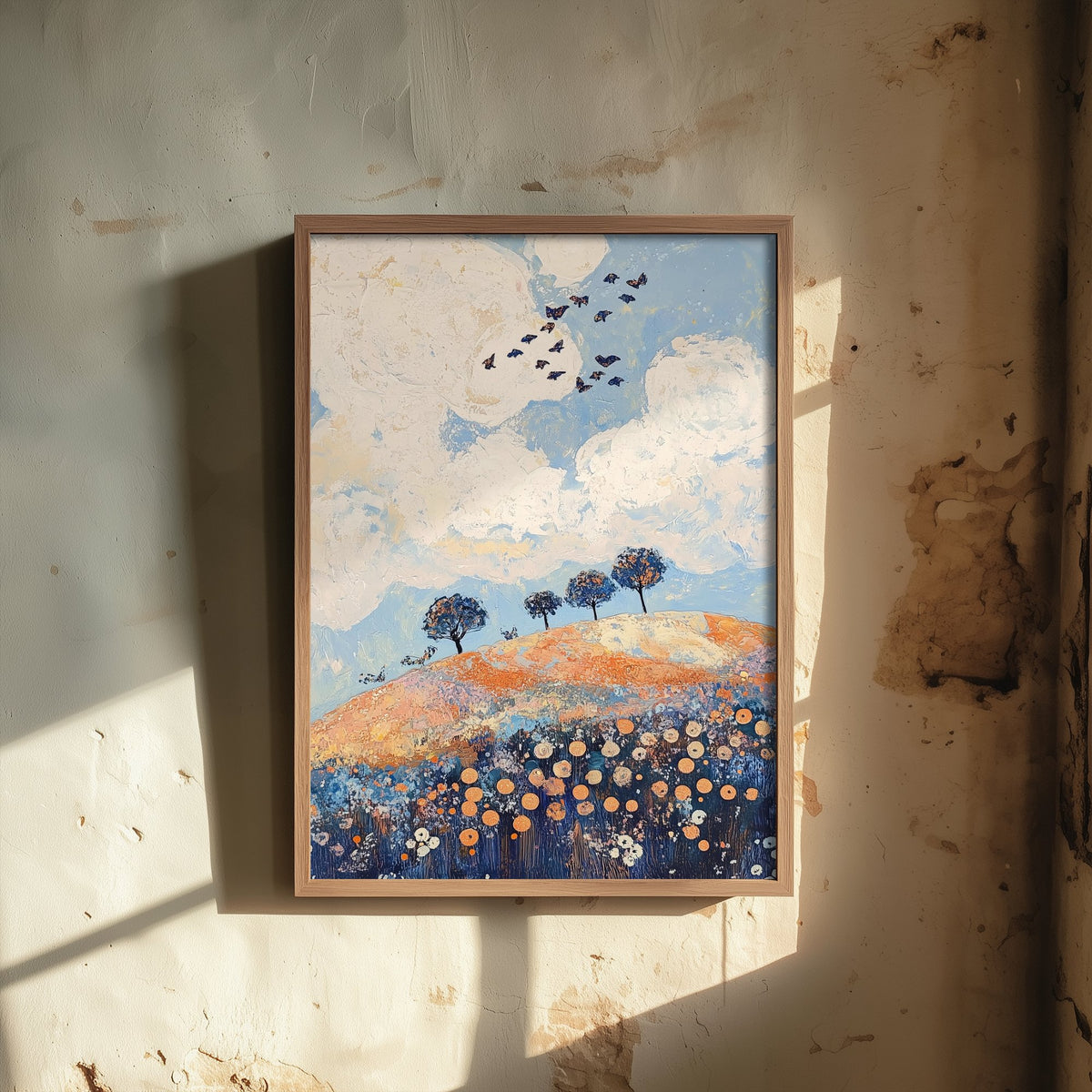 Rolling Hills Landscape Art Print - Butterfly Meadow Poster - Folk Art Painting - Periwinkle Copper and Ice 3/3