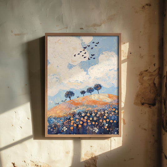Rolling Hills Landscape Art Print - Butterfly Meadow Poster - Folk Art Painting - Periwinkle Copper and Ice 3/3