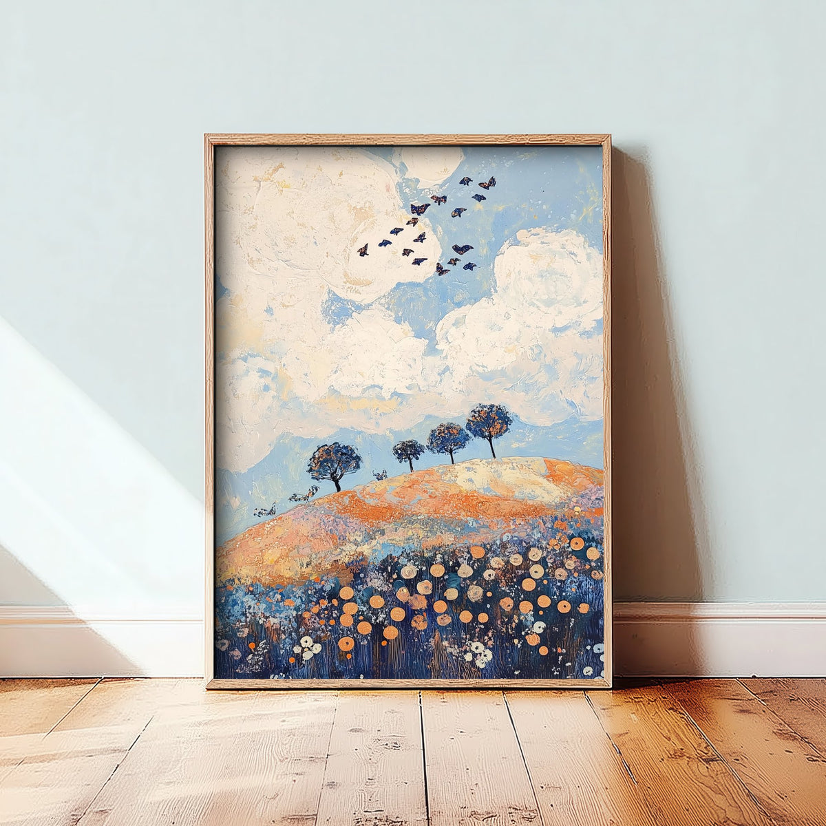 Rolling Hills Landscape Art Print - Butterfly Meadow Poster - Folk Art Painting - Periwinkle Copper and Ice 3/3