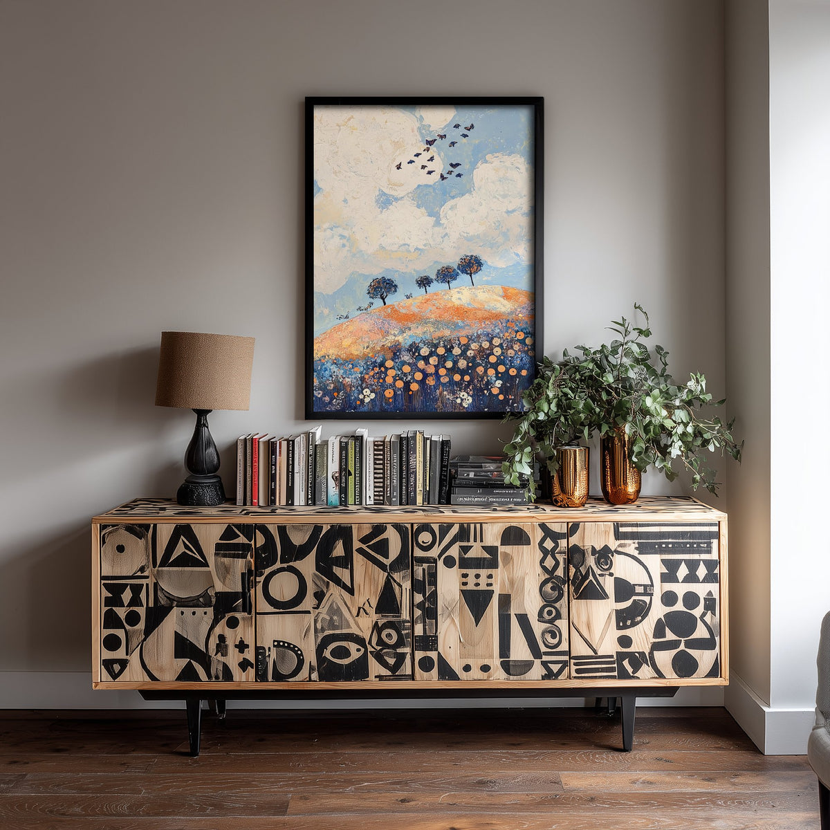 Rolling Hills Landscape Art Print - Butterfly Meadow Poster - Folk Art Painting - Periwinkle Copper and Ice 3/3