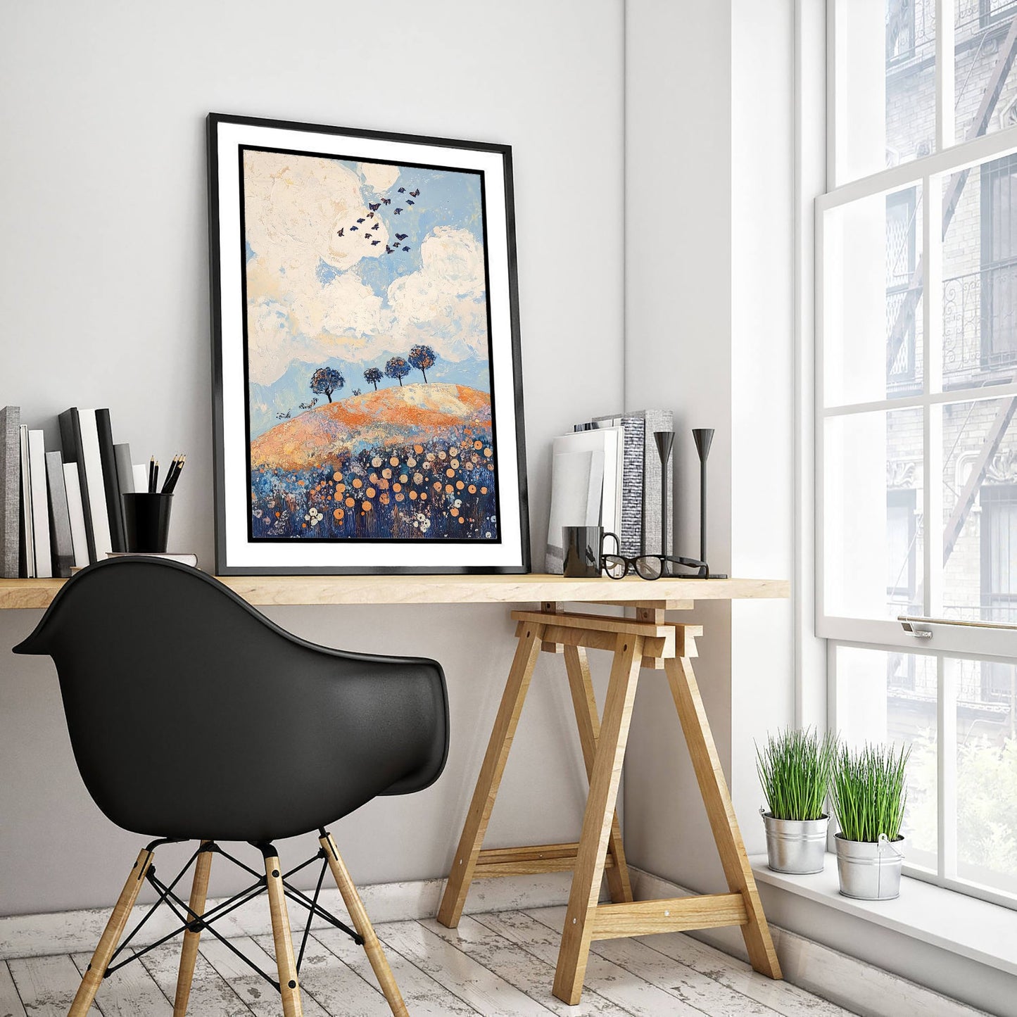 Rolling Hills Landscape Art Print - Butterfly Meadow Poster - Folk Art Painting - Periwinkle Copper and Ice 3/3