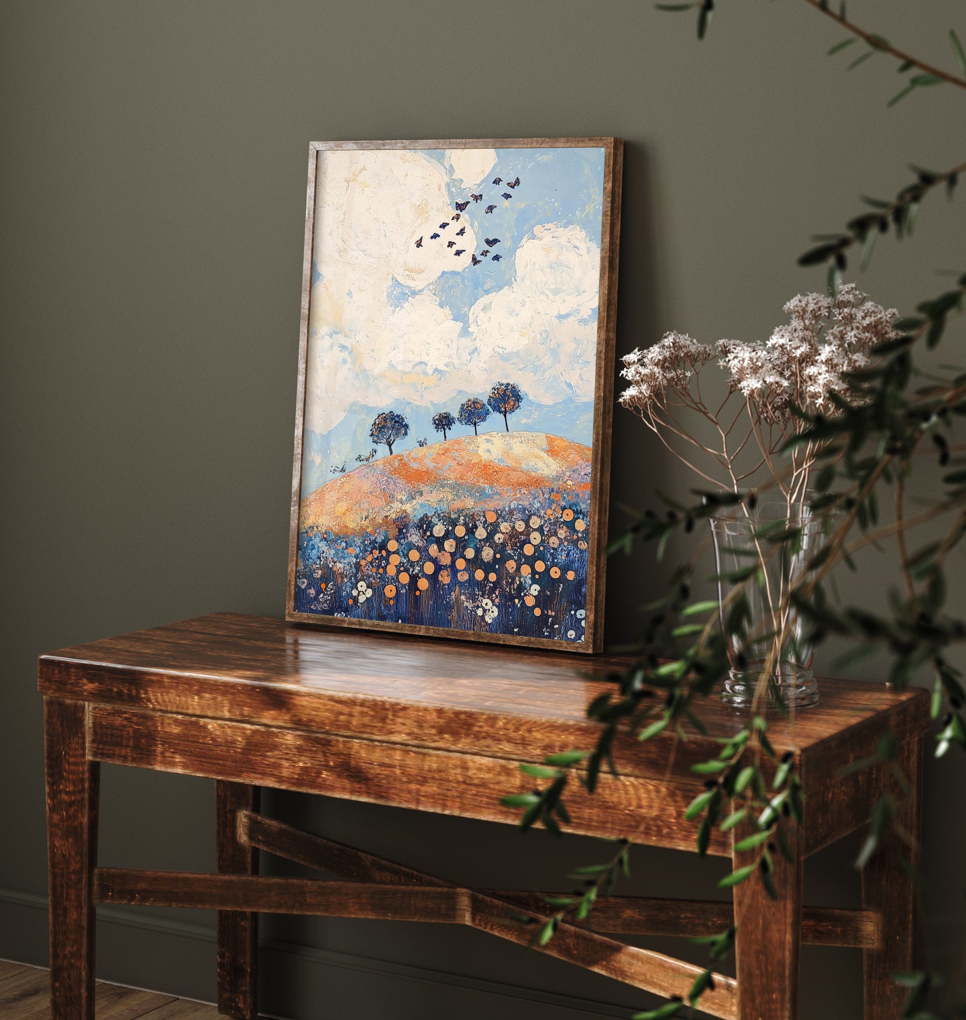 Rolling Hills Landscape Art Print - Butterfly Meadow Poster - Folk Art Painting - Periwinkle Copper and Ice 3/3