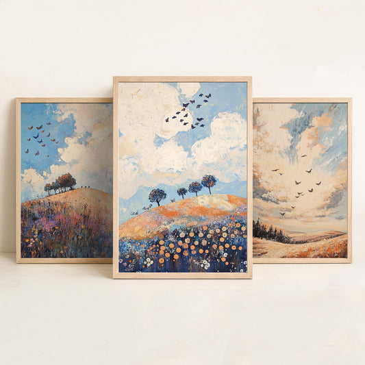 Rolling Hills Butterfly Set of Three Art Prints - Periwinkle Copper and Ice - Folk Meadow Poster Illustration Gift