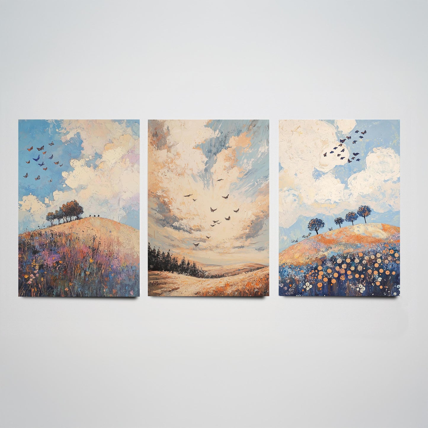 Rolling Hills Butterfly Set of Three Art Prints - Periwinkle Copper and Ice - Folk Meadow Poster Illustration Gift