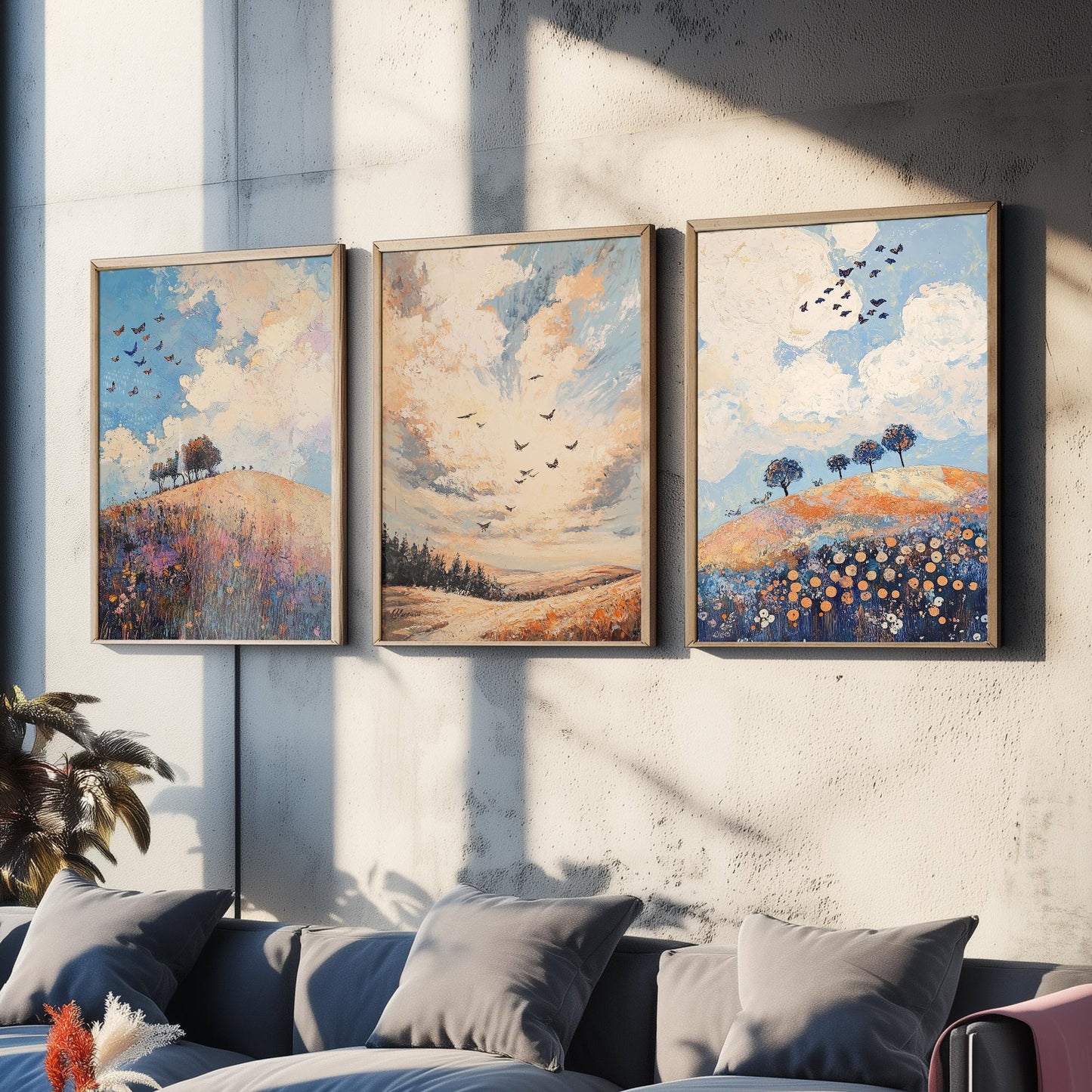 Rolling Hills Butterfly Set of Three Art Prints - Periwinkle Copper and Ice - Folk Meadow Poster Illustration Gift
