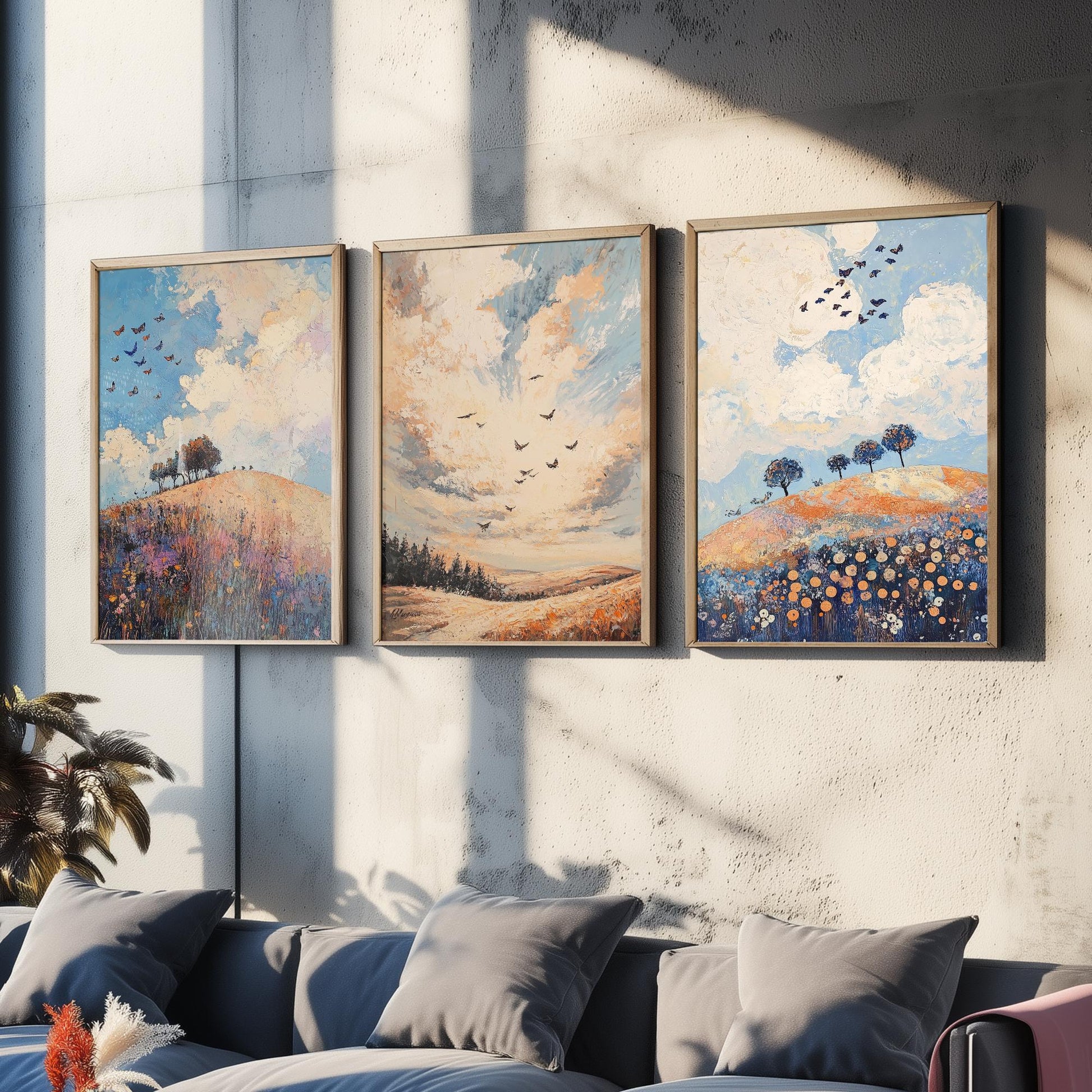 Rolling Hills Butterfly Set of Three Art Prints - Periwinkle Copper and Ice - Folk Meadow Poster Illustration Gift