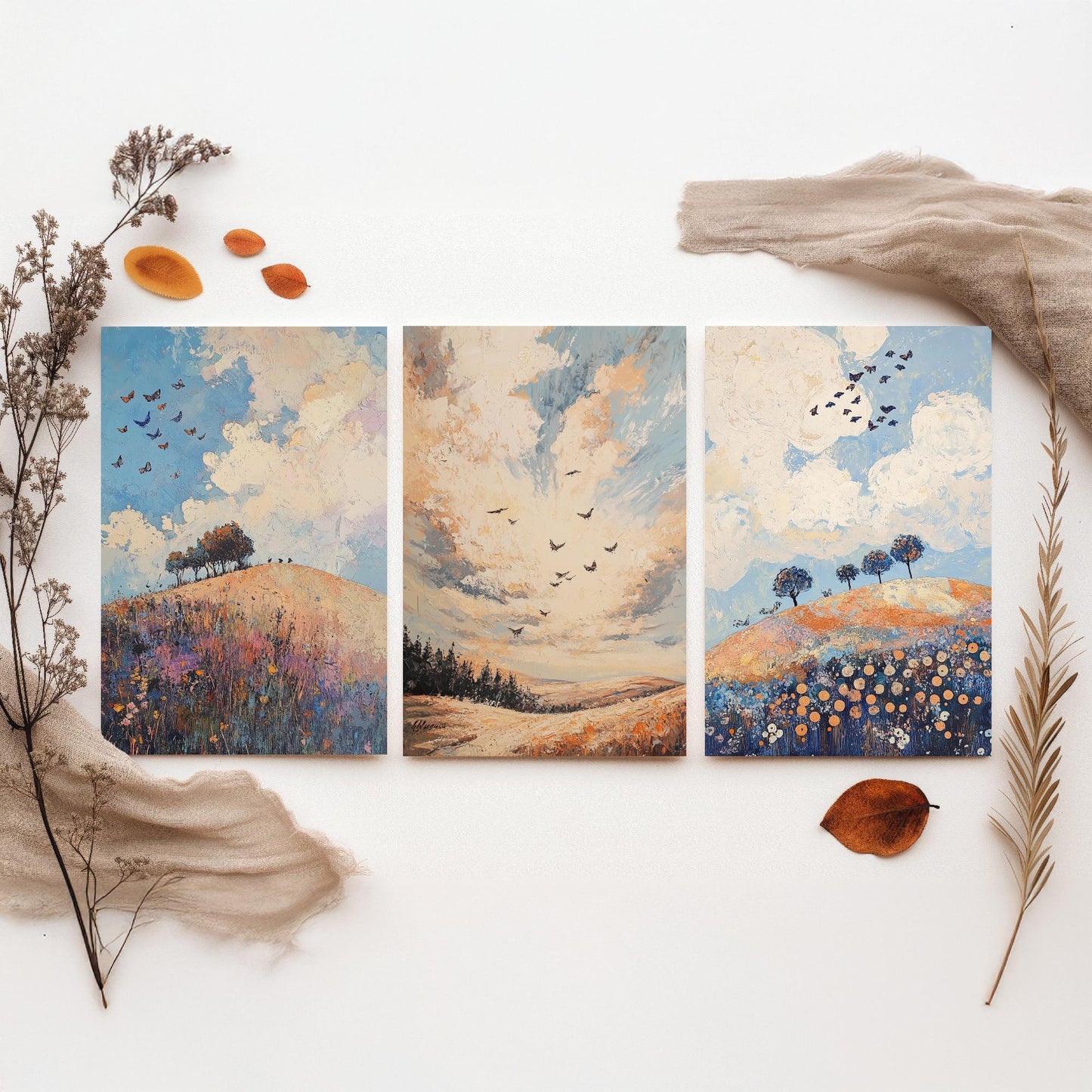 Rolling Hills Butterfly Set of Three Art Prints - Periwinkle Copper and Ice - Folk Meadow Poster Illustration Gift