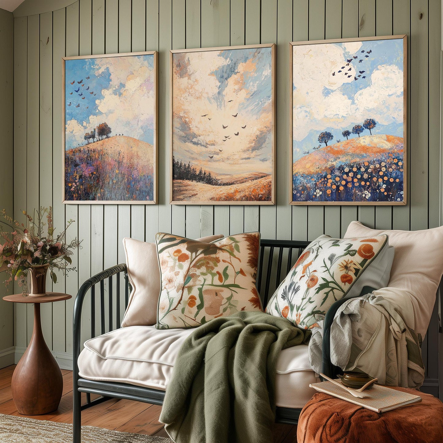 Rolling Hills Butterfly Set of Three Art Prints - Periwinkle Copper and Ice - Folk Meadow Poster Illustration Gift
