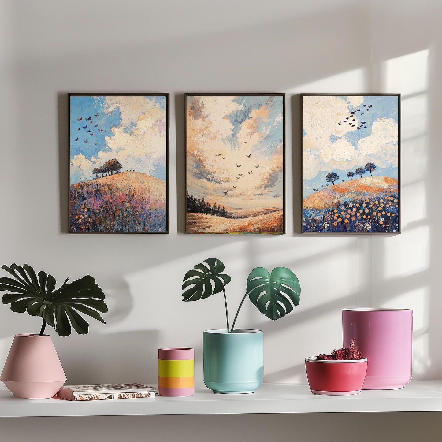 Rolling Hills Butterfly Set of Three Art Prints - Periwinkle Copper and Ice - Folk Meadow Poster Illustration Gift