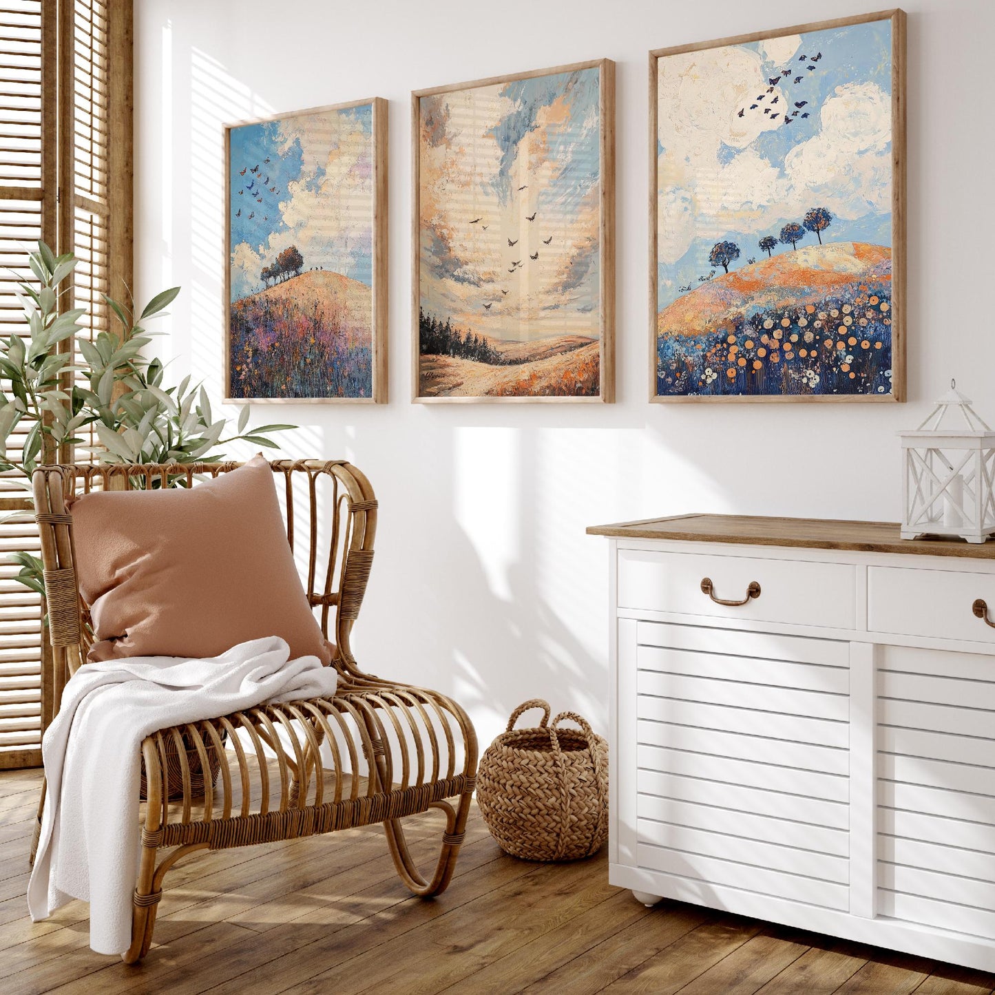 Rolling Hills Butterfly Set of Three Art Prints - Periwinkle Copper and Ice - Folk Meadow Poster Illustration Gift