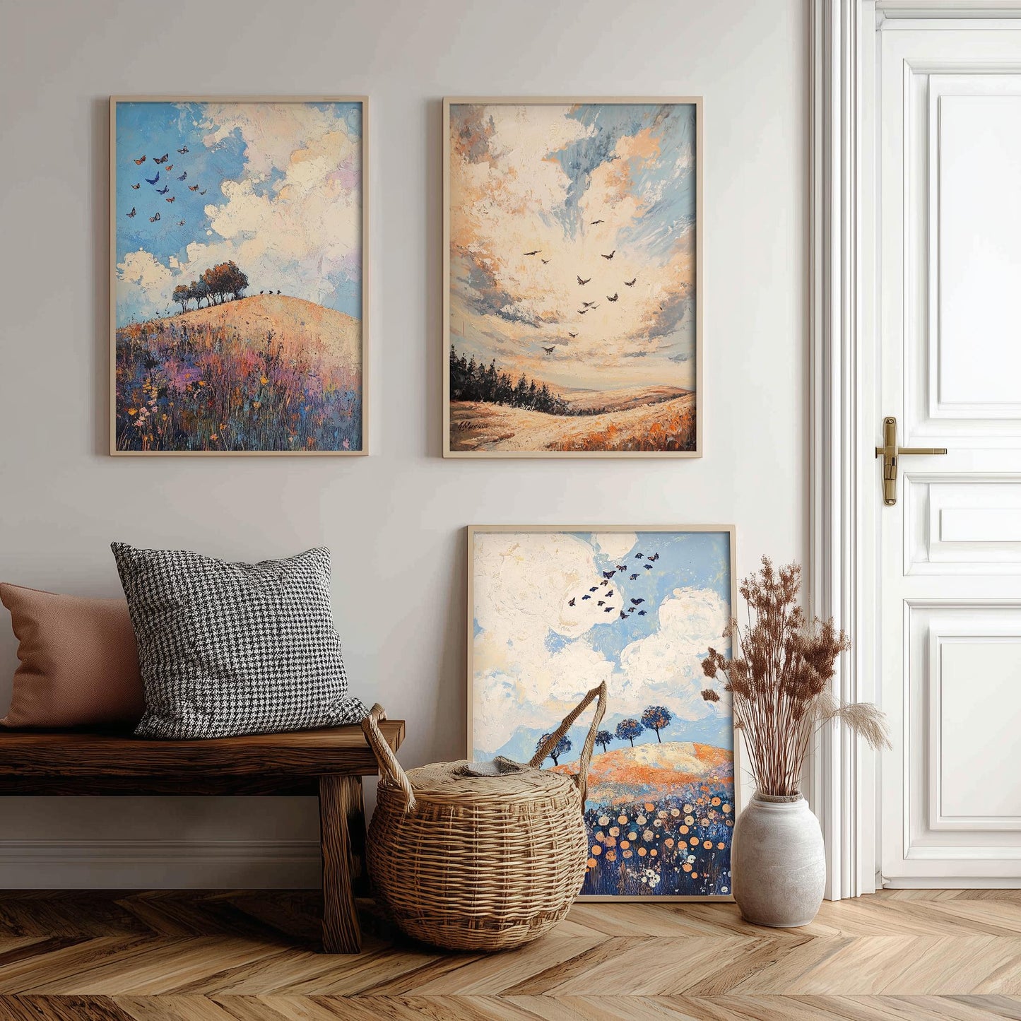 Rolling Hills Butterfly Set of Three Art Prints - Periwinkle Copper and Ice - Folk Meadow Poster Illustration Gift