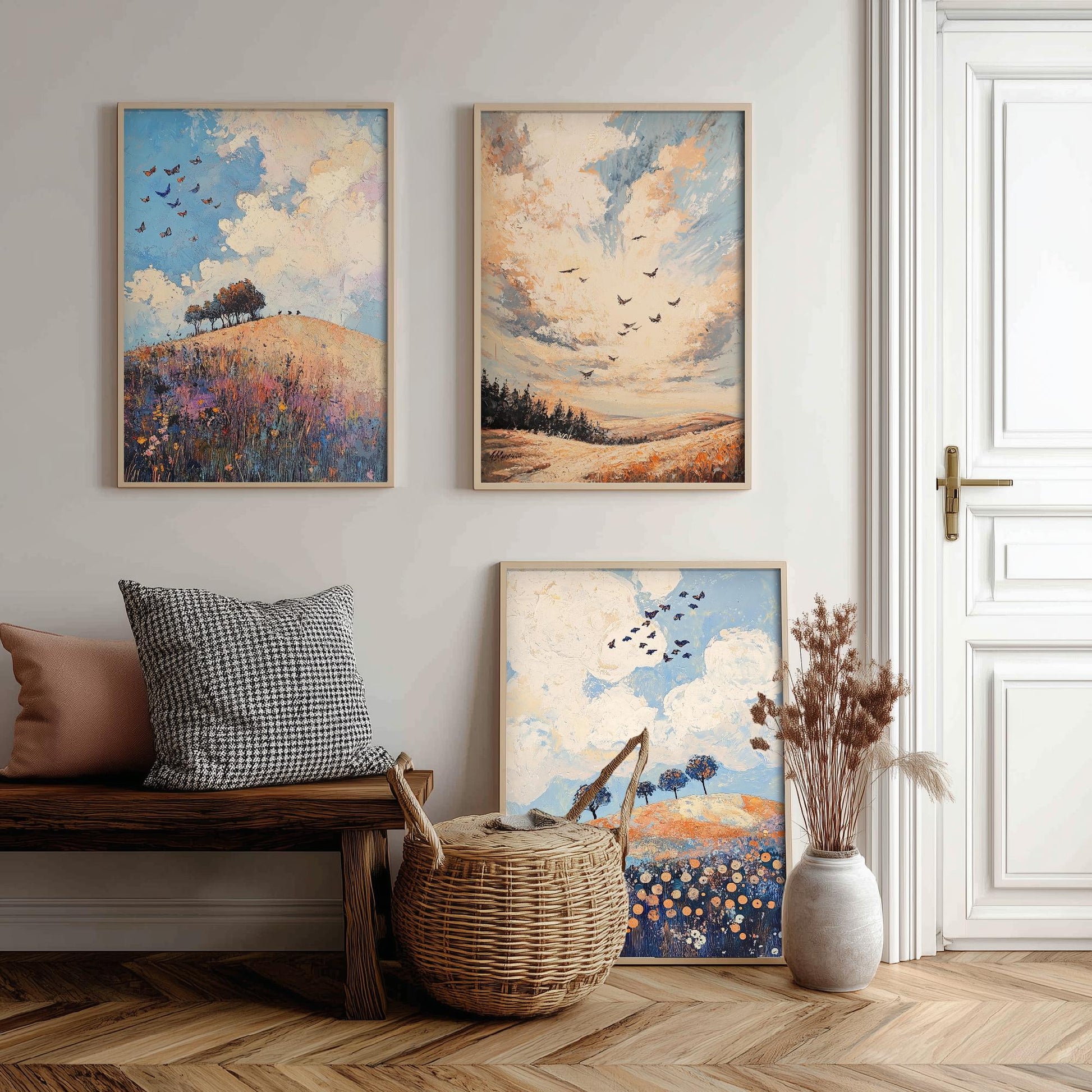 Rolling Hills Butterfly Set of Three Art Prints - Periwinkle Copper and Ice - Folk Meadow Poster Illustration Gift