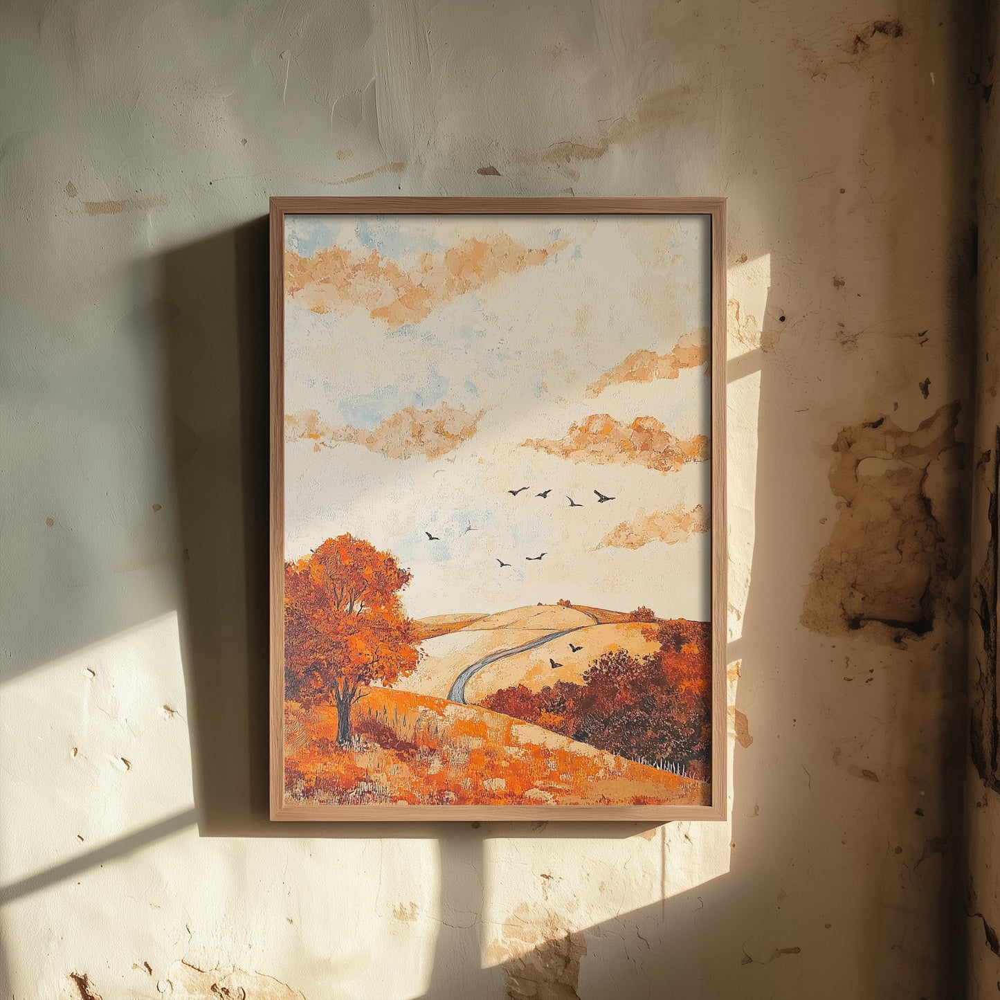 Rolling Hills Landscape Art Print - Butterfly Meadow Poster - Folk Art Painting - Persimmon Denim and Ivory 1/3