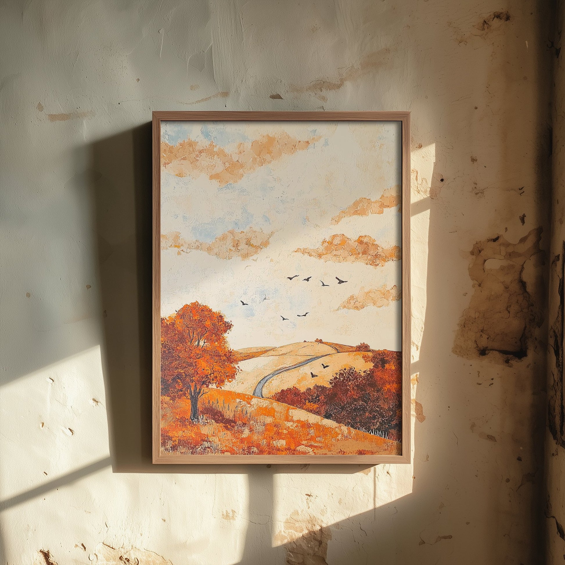 Rolling Hills Landscape Art Print - Butterfly Meadow Poster - Folk Art Painting - Persimmon Denim and Ivory 1/3
