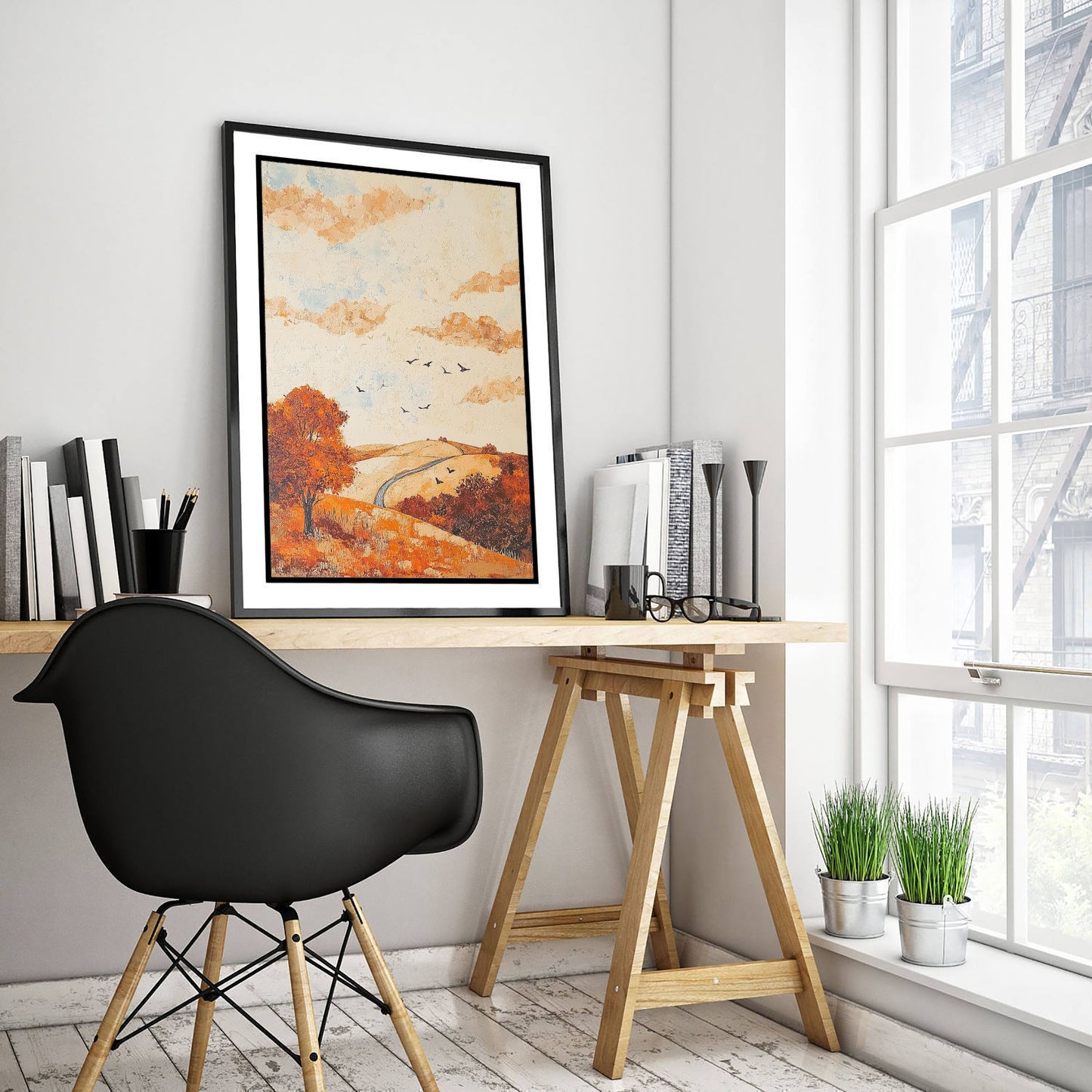 Rolling Hills Landscape Art Print - Butterfly Meadow Poster - Folk Art Painting - Persimmon Denim and Ivory 1/3