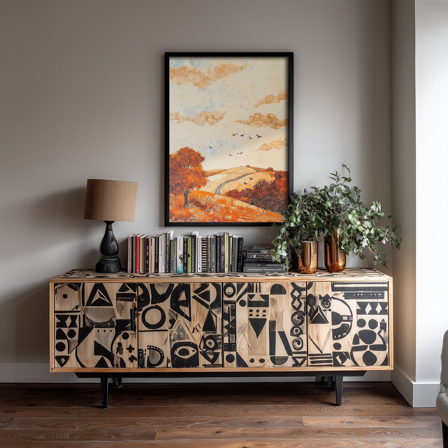 Rolling Hills Landscape Art Print - Butterfly Meadow Poster - Folk Art Painting - Persimmon Denim and Ivory 1/3