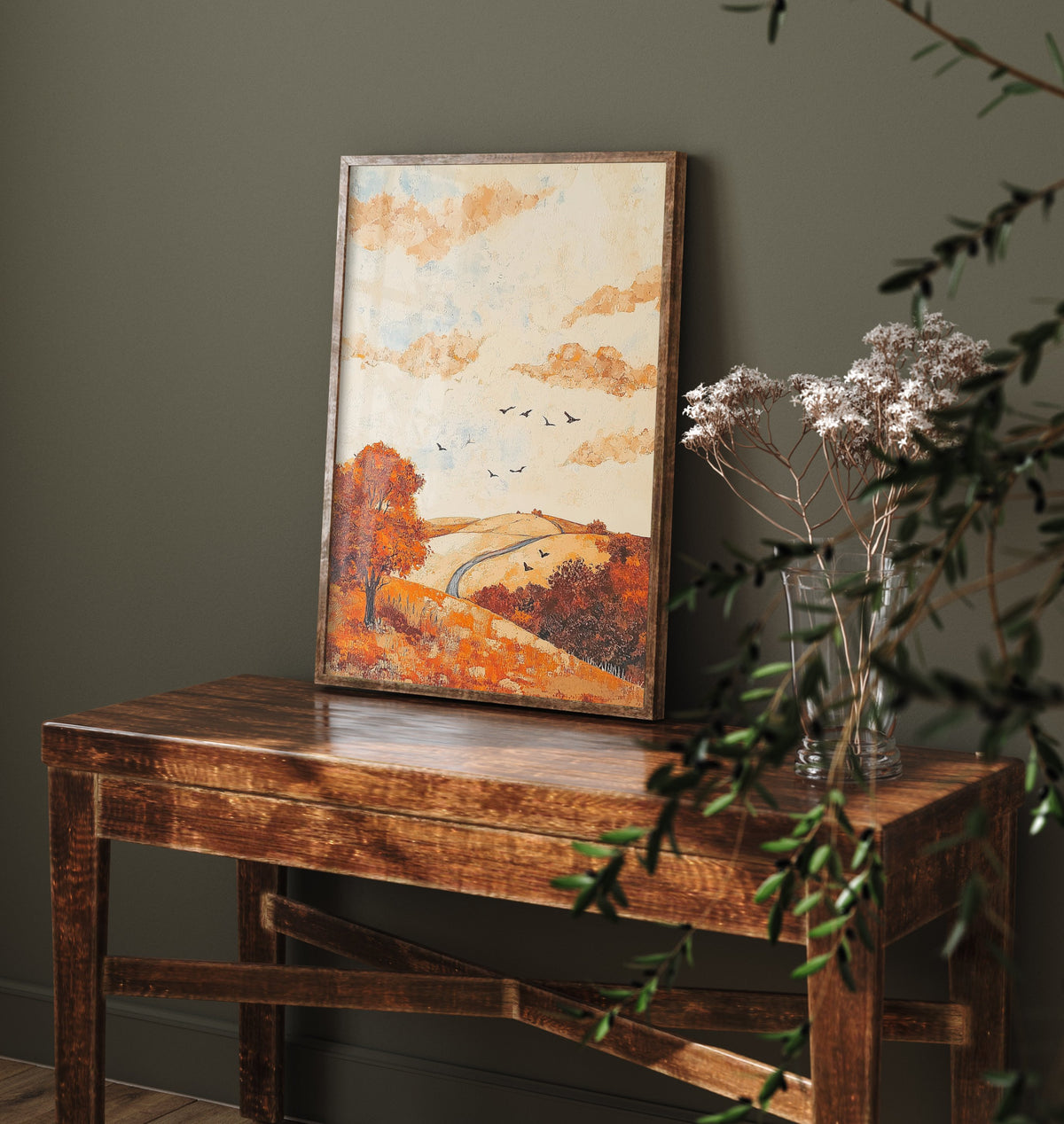 Rolling Hills Landscape Art Print - Butterfly Meadow Poster - Folk Art Painting - Persimmon Denim and Ivory 1/3