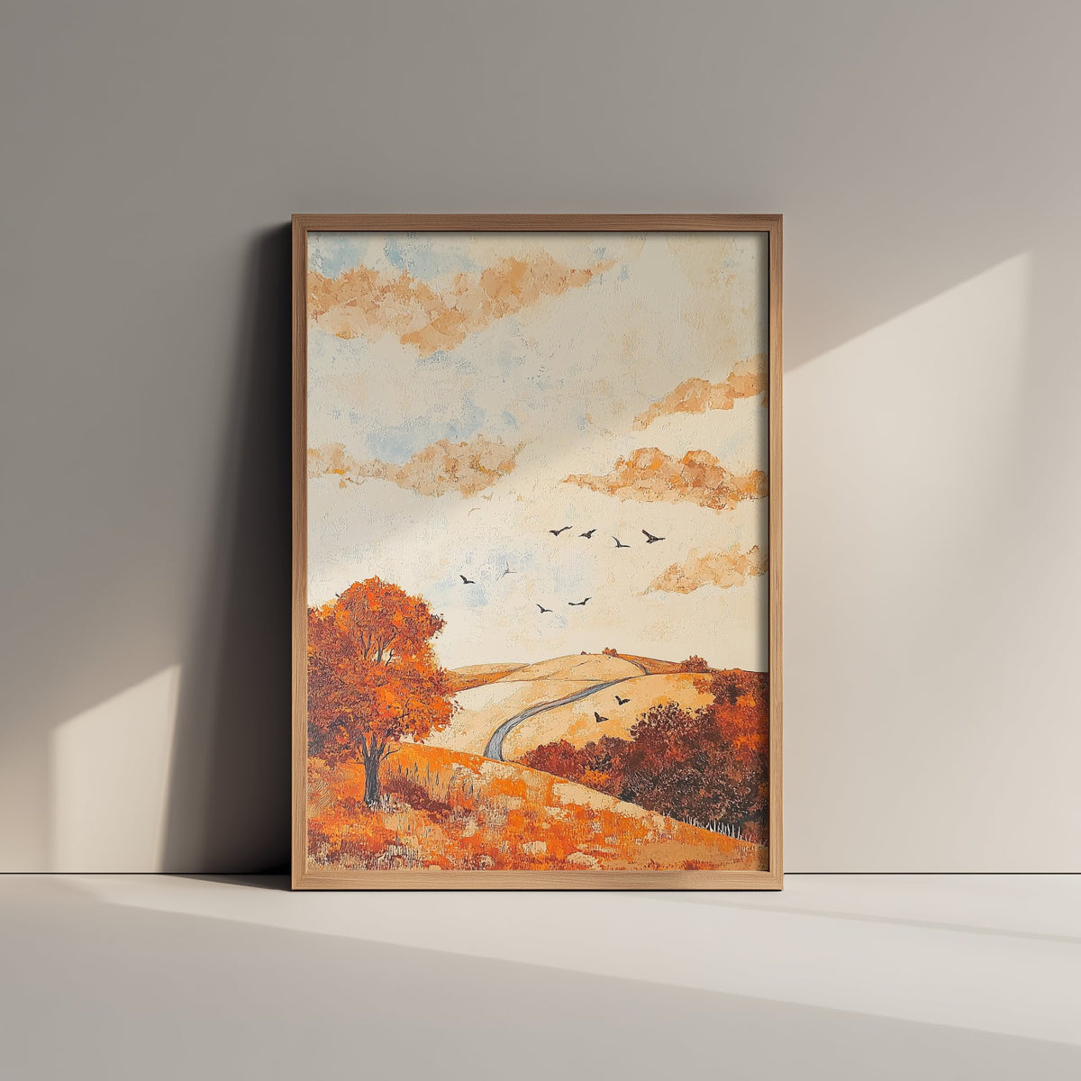 Rolling Hills Landscape Art Print - Butterfly Meadow Poster - Folk Art Painting - Persimmon Denim and Ivory 1/3
