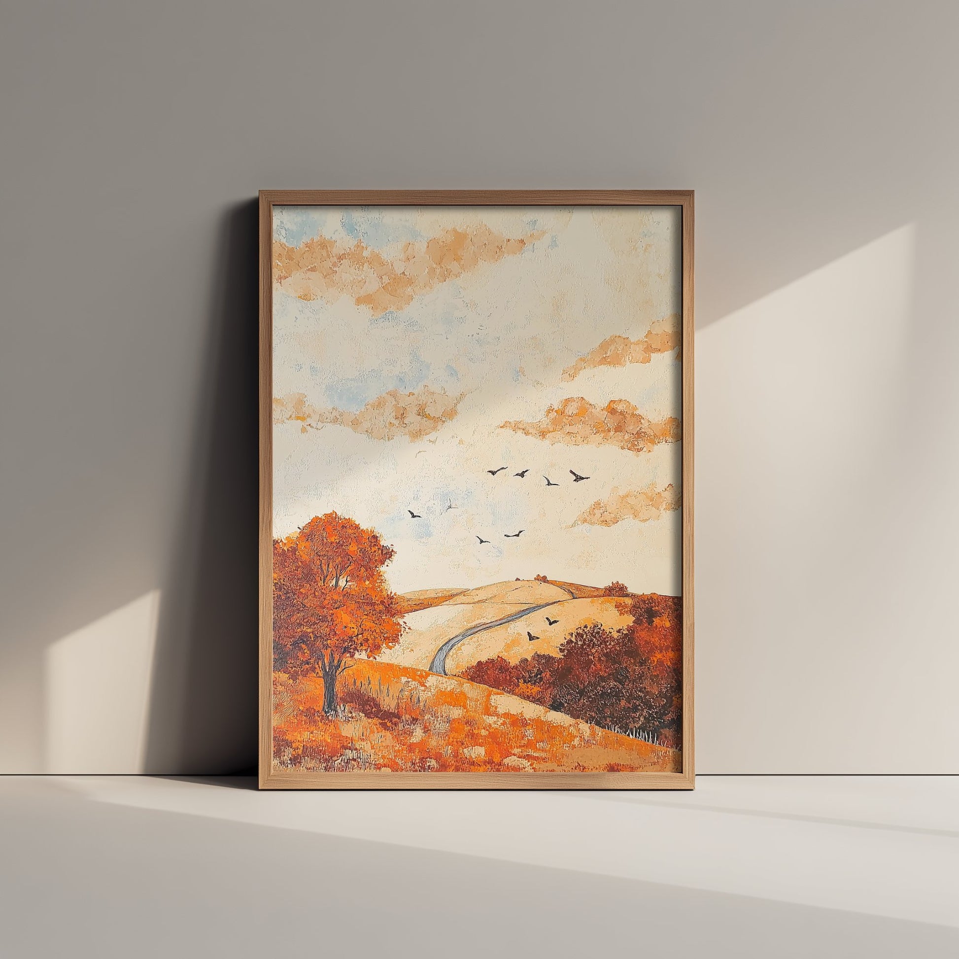 Rolling Hills Landscape Art Print - Butterfly Meadow Poster - Folk Art Painting - Persimmon Denim and Ivory 1/3